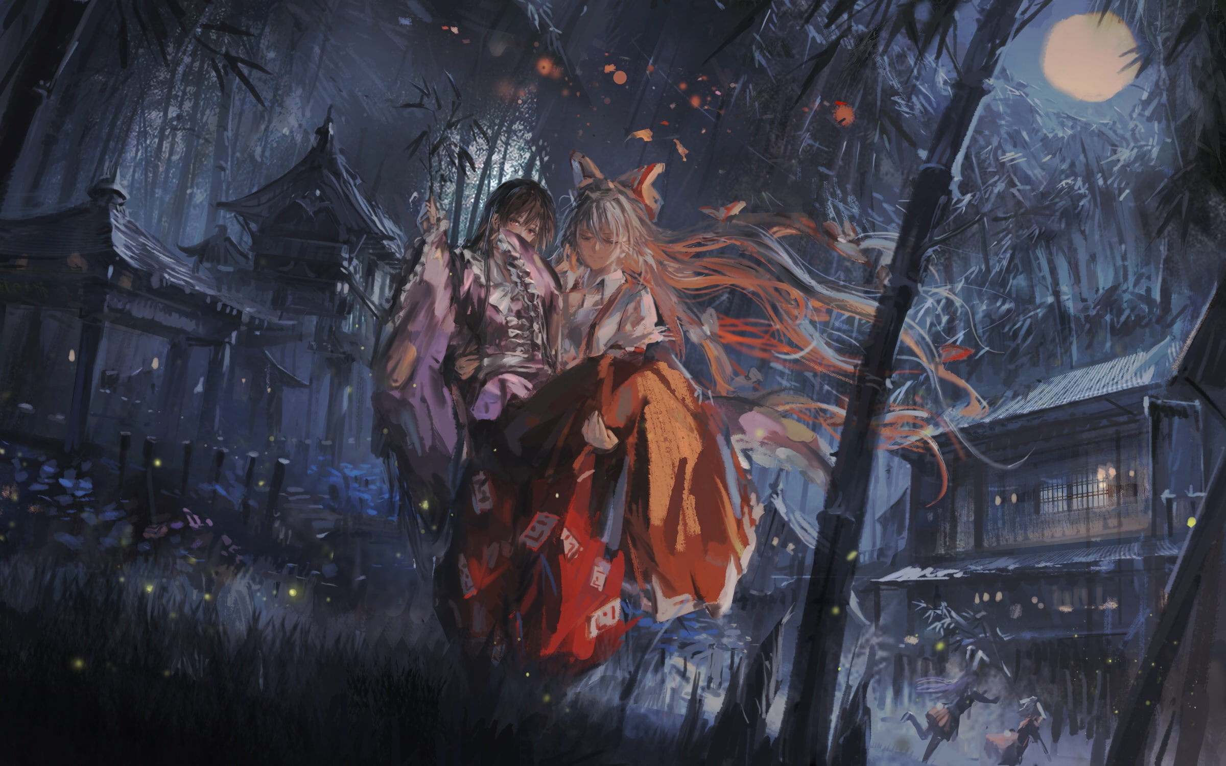 kaguya, com, fujiwara, 2girls, tree, night, mokou, bow, moon, stu, houraisan, konachan, long, black, 1080P, 243960, hair, red, eyes, dts, touhou, gray, HD Wallpaper