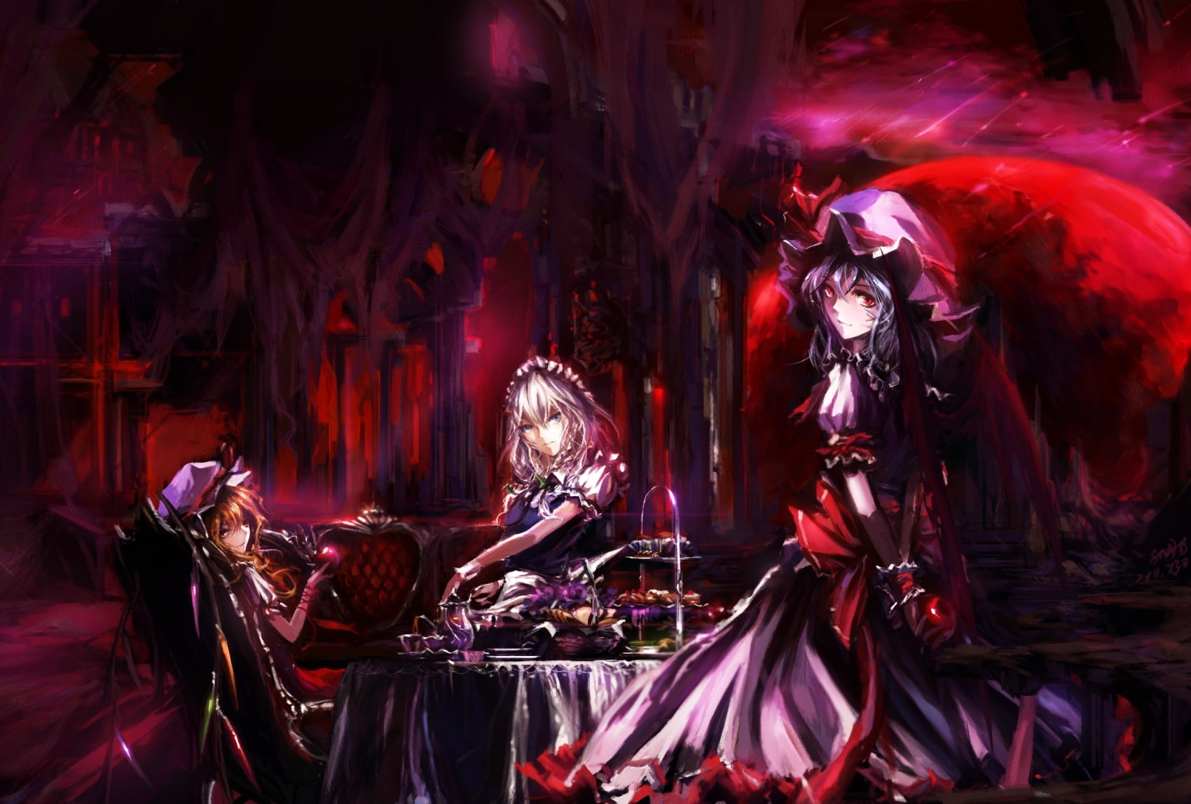 vampire, izayoi, hat, blonde, dts, flandre, white, fruit, eyes, sakuya, apple, touhou, 720P, hair, blue, red, maid, girls, stu, wings, scarlet, food, gray, HD Wallpaper