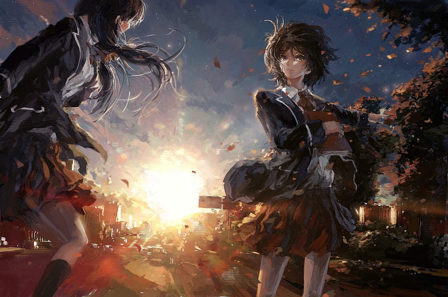long, sunset, eyes, 720P, short, hair, petals, brown, dts, twintails, skirt, original, stu, black, book, seifuku, girls, tree, HD Wallpaper