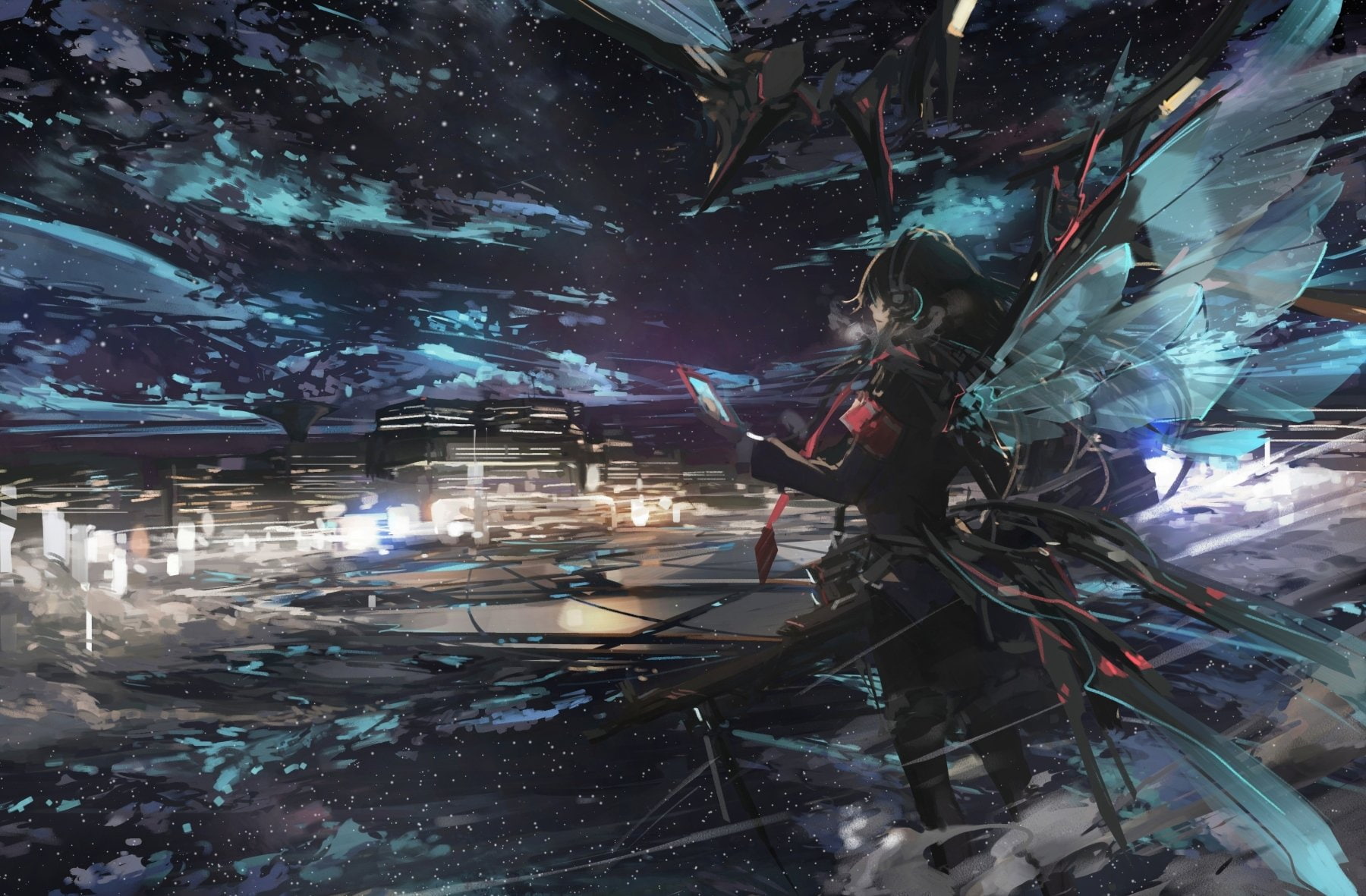 720P, aircraft, mechagirl, black, sky, space, original, long, wings, phone, headphones, dts, stu, hair, stars, HD Wallpaper