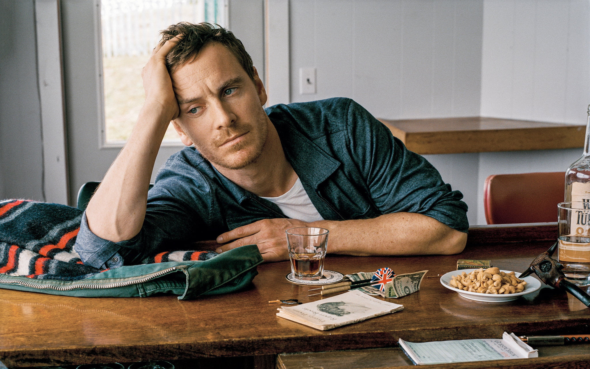 loneliness, food and drink, drunk, men, worried, glass, shirt, michael fassbender, one Man Only, portrait, headache, grief, problems, eating, table, caucasian Ethnicity, HD Wallpaper