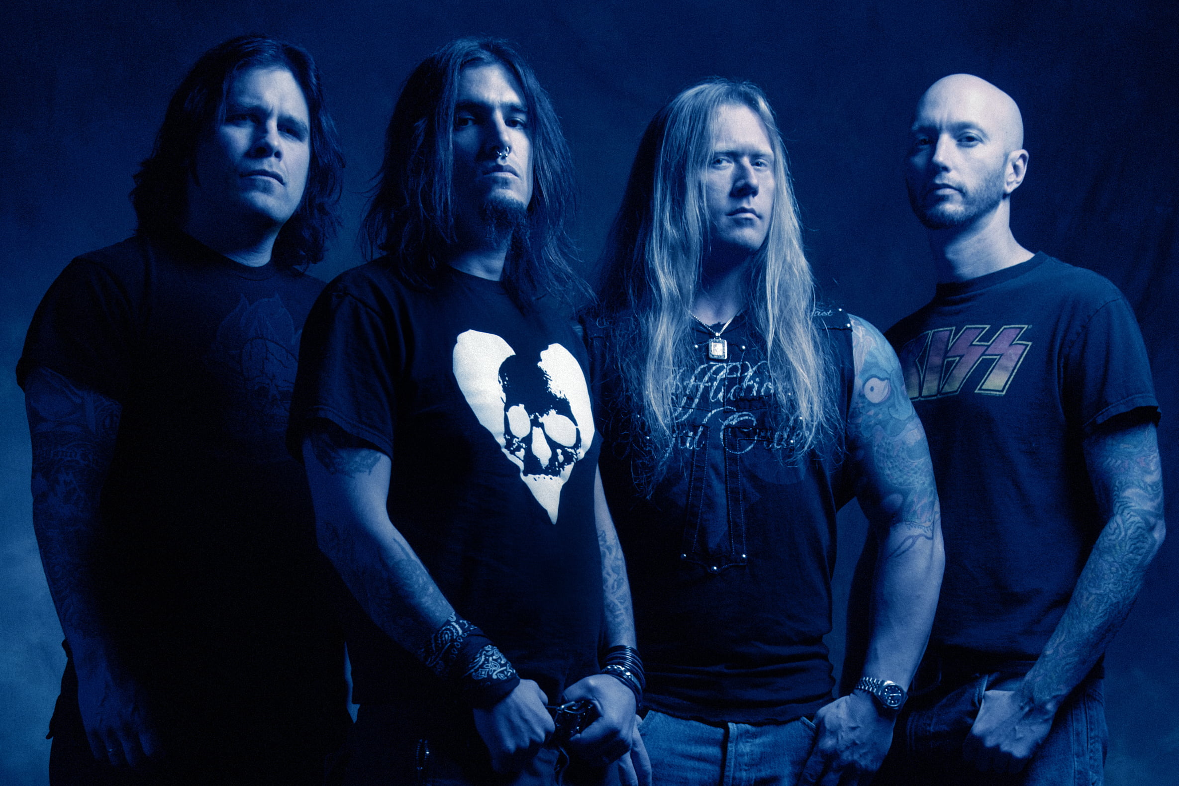 men, togetherness, blue, groove-metal, young men, young adult, teenager, adult, nightlife, architecture, thrash metal, Machine Head, waist up, illuminated, HD Wallpaper