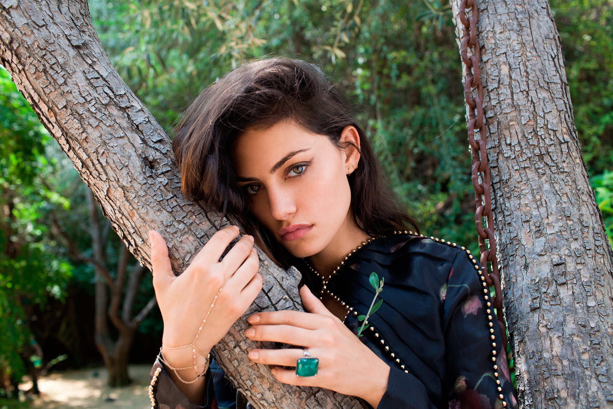 women, 1080P, plant, sleeved, leisure activity, tree trunk, shirt, The Influence, long, nature, black, trunk, portrait, beautiful woman, tree, one person, HD Wallpaper