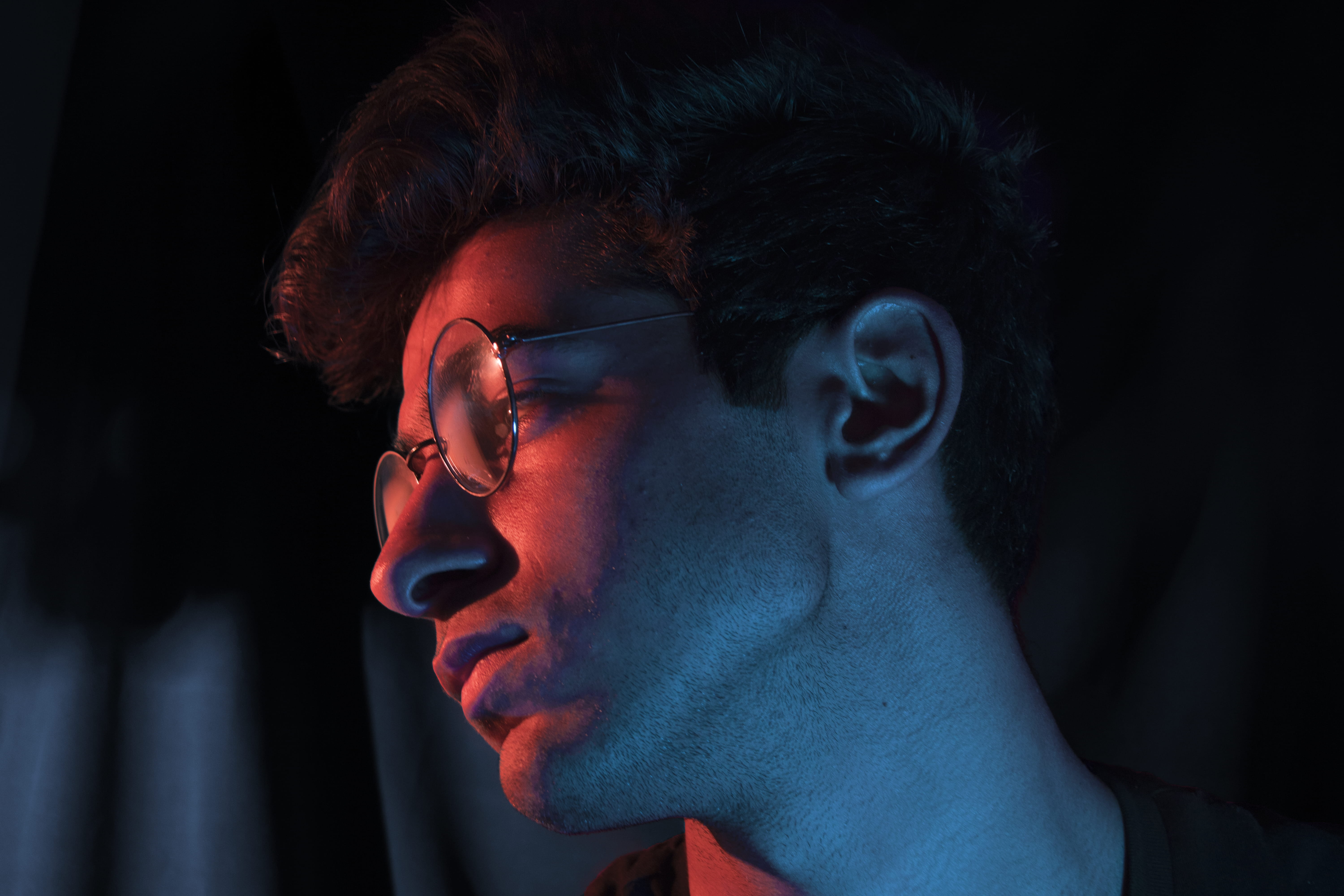 wearing, caucasian, serious, neon light, photo, man, profile view, looking, human Face, portrait, contemplation, black, men, indoors, 5K, adult, light, HD Wallpaper