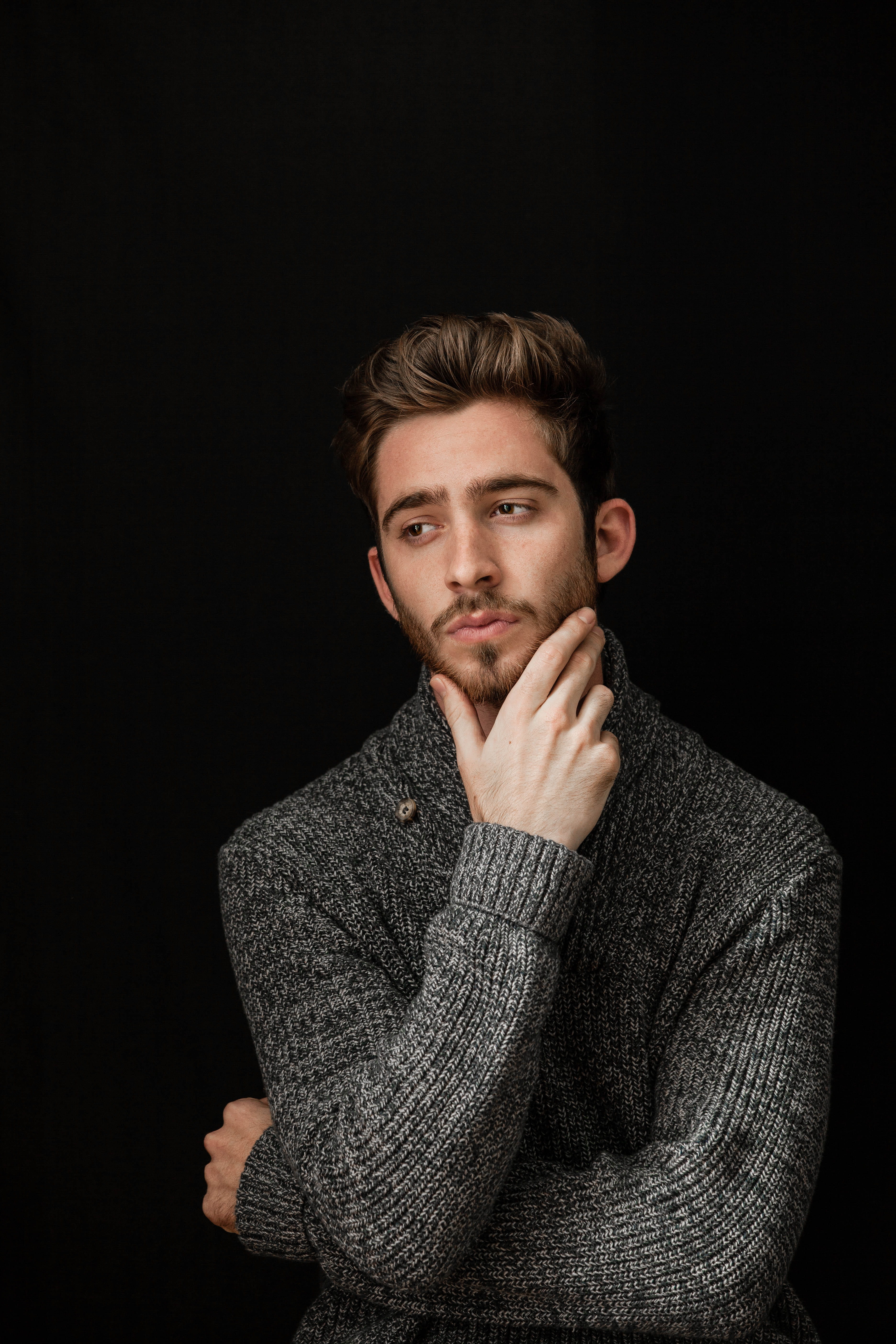 hairstyle, chin, long, adult, facial hair, young men, knit, waist up, wisdom, wise, headshot, black background, indoors, portrait, sleeved, looking at camera, Phone HD Wallpaper