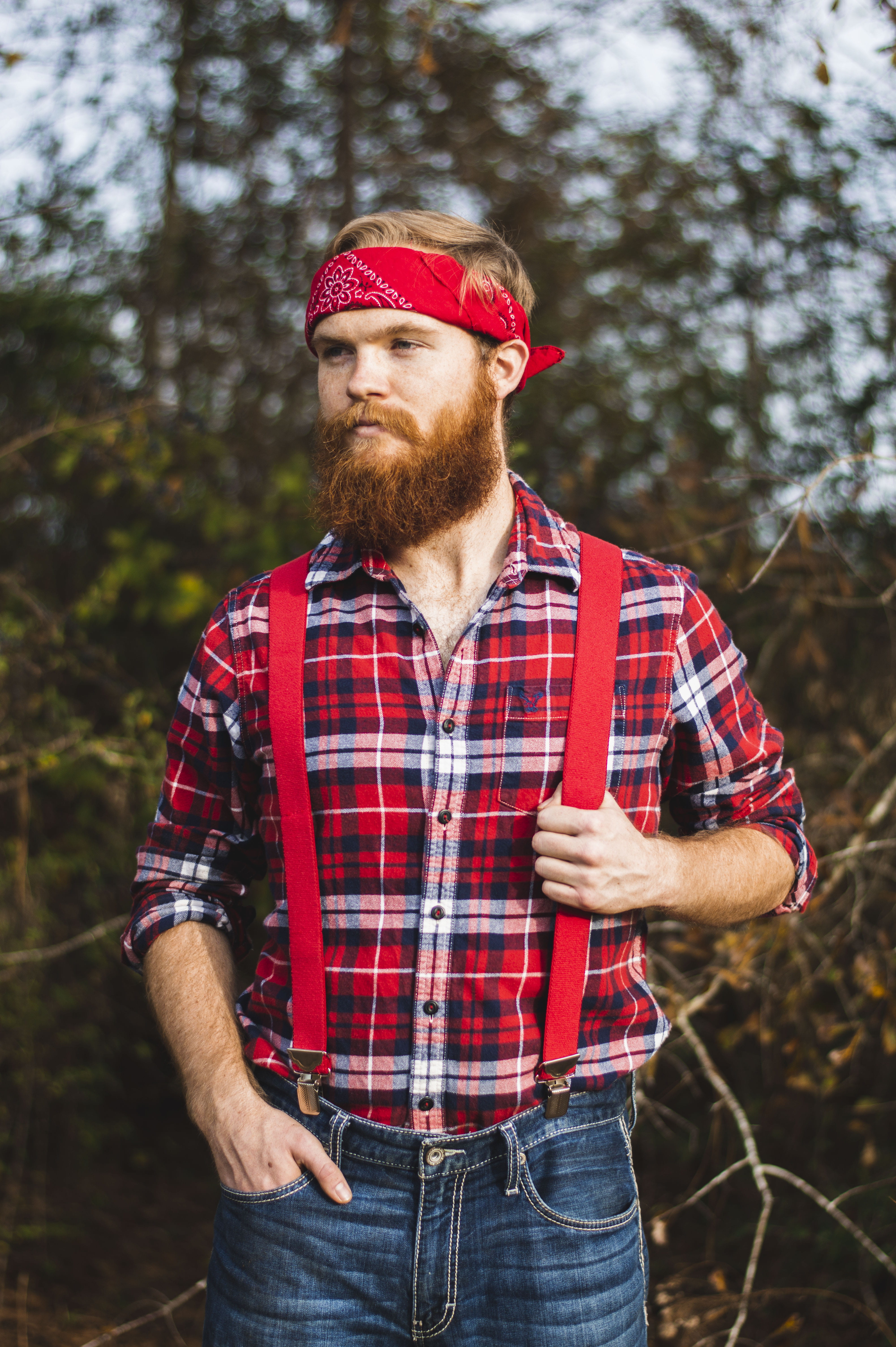 one person, trees, suspenders, facial hair, young men, people, outdoors, apparel, casual clothing, man, tree, red, sport, men, three quarter length, shirt, Phone HD Wallpaper