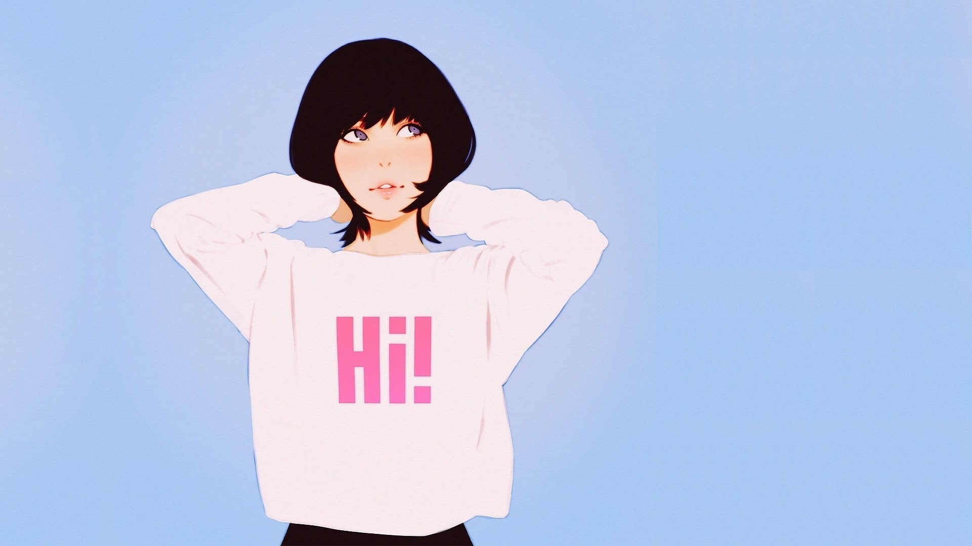 1080P, brunette, bangs, looking up, blue background, haircut, portrait of a girl, Ilya Kuvshinov, white jacket, HD Wallpaper