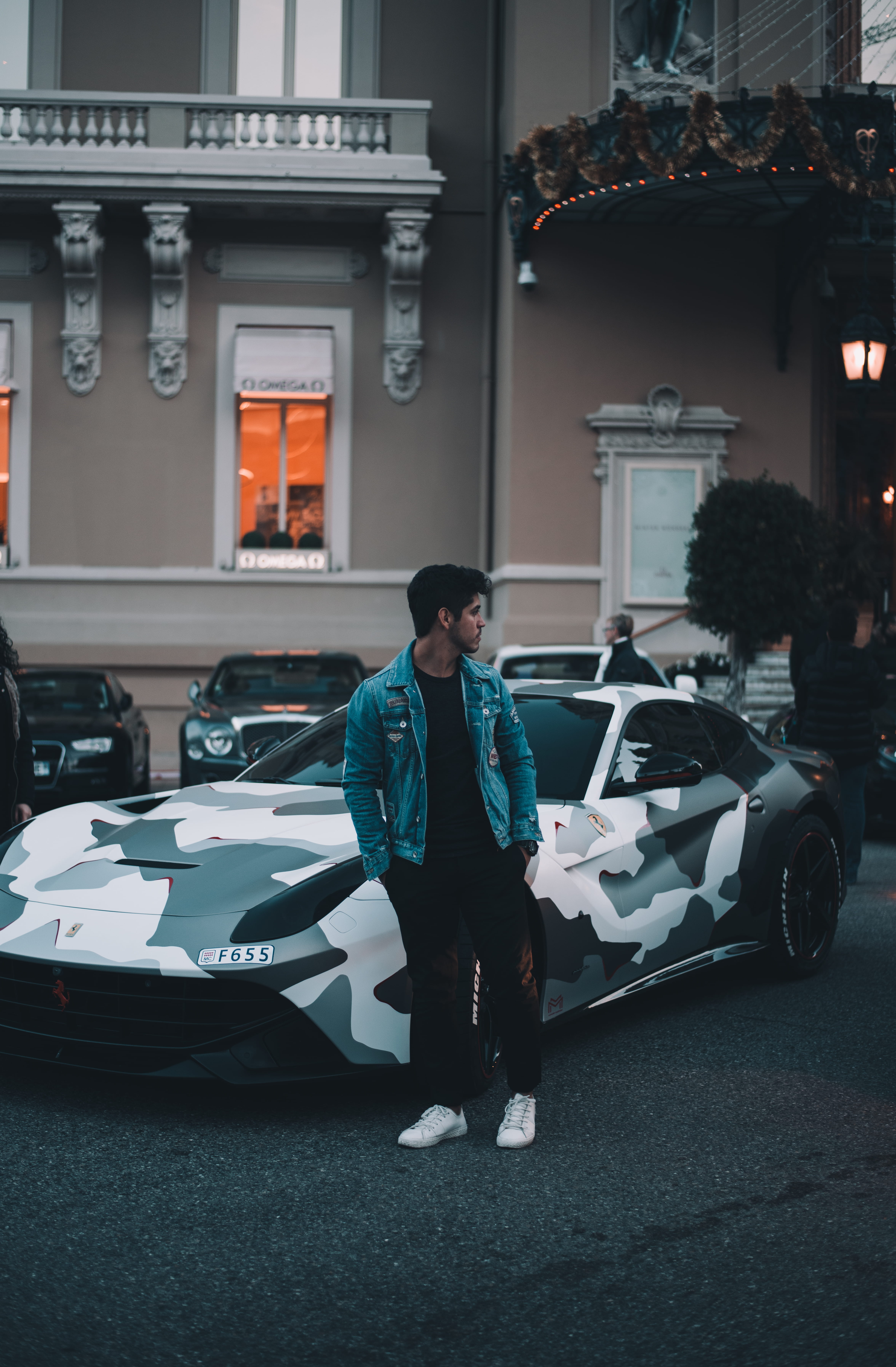 monaco, stands, travel, sports, vehicle, men, denim, elegance, camo, male, camouflage, pants, adult, ferrari, street, transport, design, pose, outdoors, Phone HD Wallpaper
