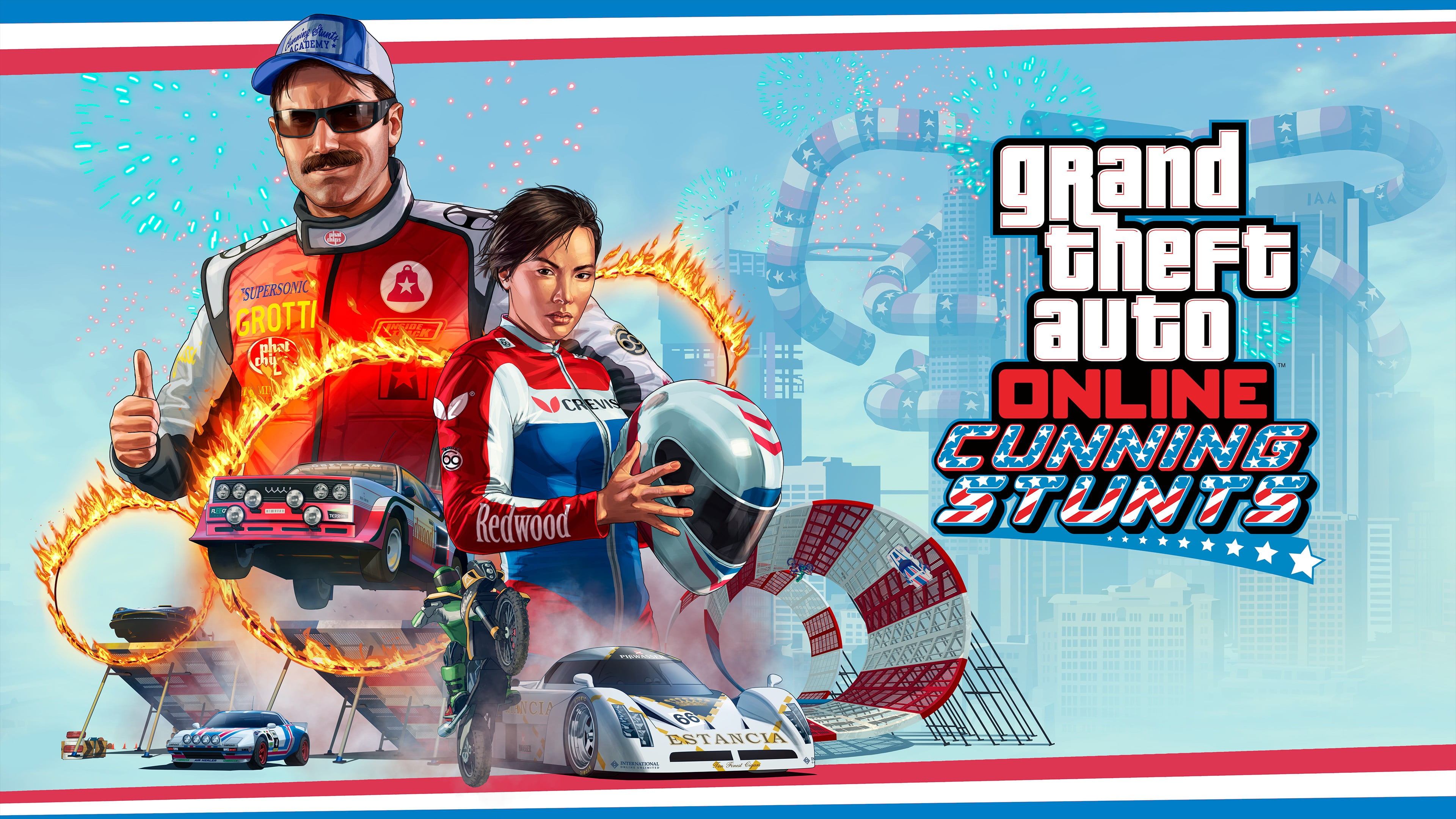 Grand Theft Auto Online, technology, text, mid adult, fashion, 4K, Rockstar Games, sunglasses, Grand Theft Auto V Online, race cars, two people, creativity, HD Wallpaper