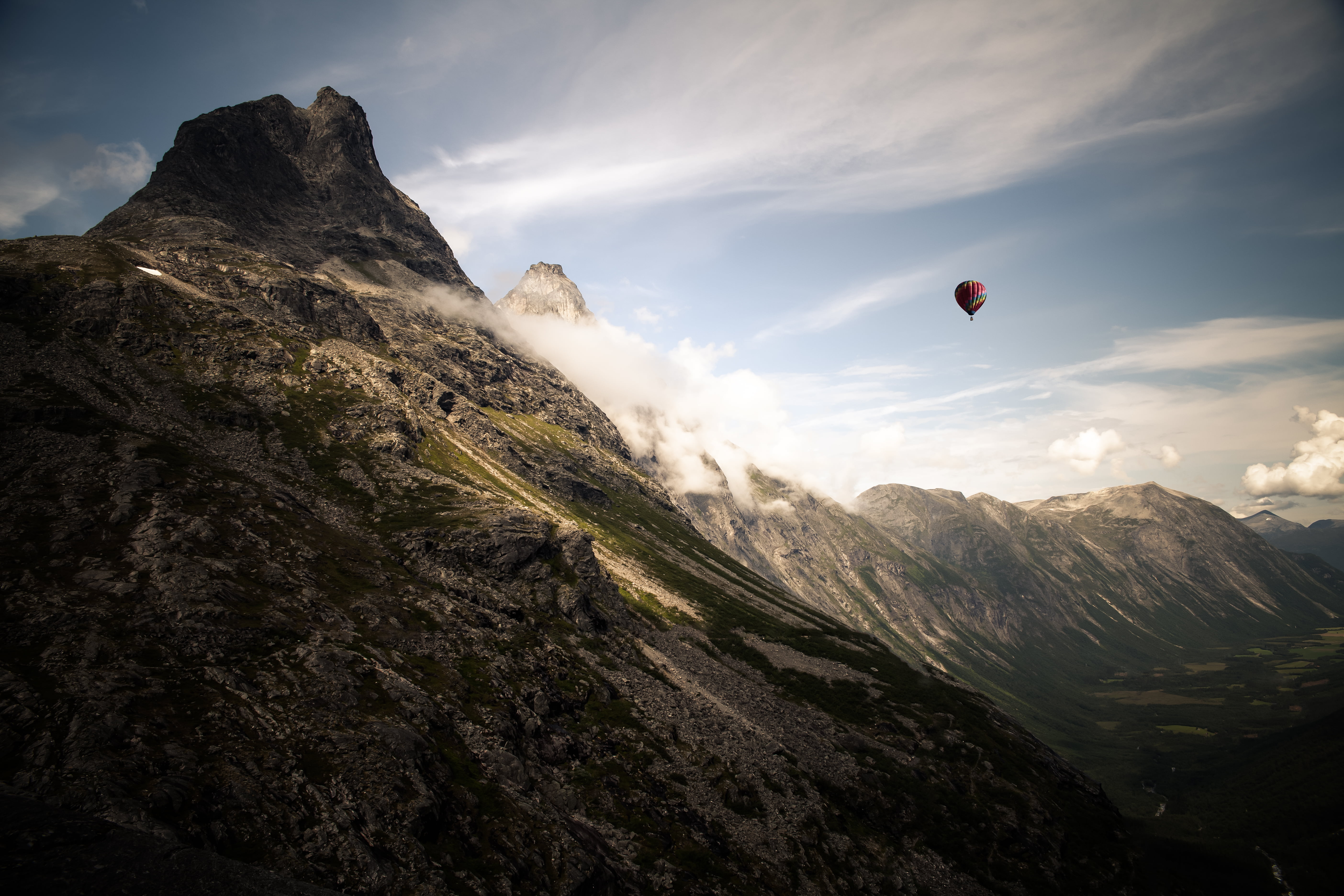 sky, flying, hot air balloon, trollstigen, gigantes, 5K, outdoors, 70mm, air, nature, Sigma, daytime, mountain, Mk2, adventure, mountain Peak, summer, HD Wallpaper