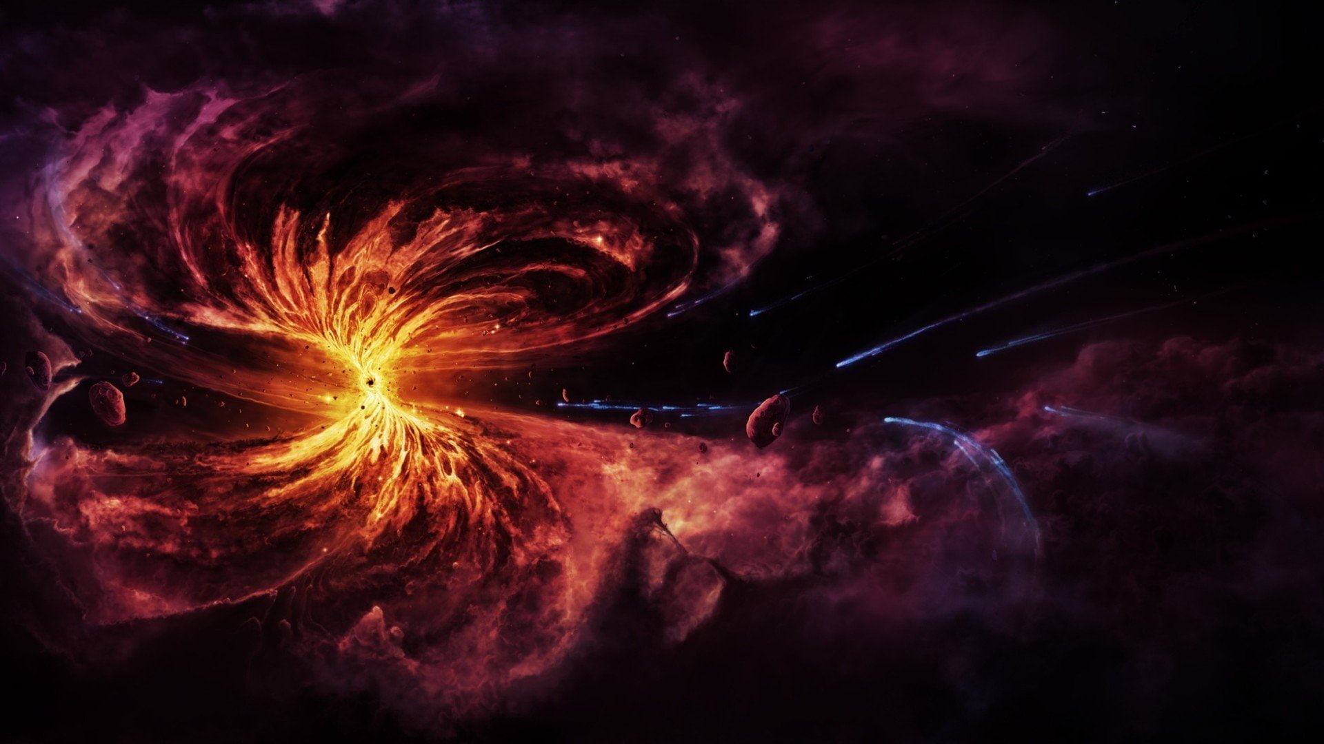 black, hole, asteroids, chaos, 1080P, matter, nebulae, HD Wallpaper