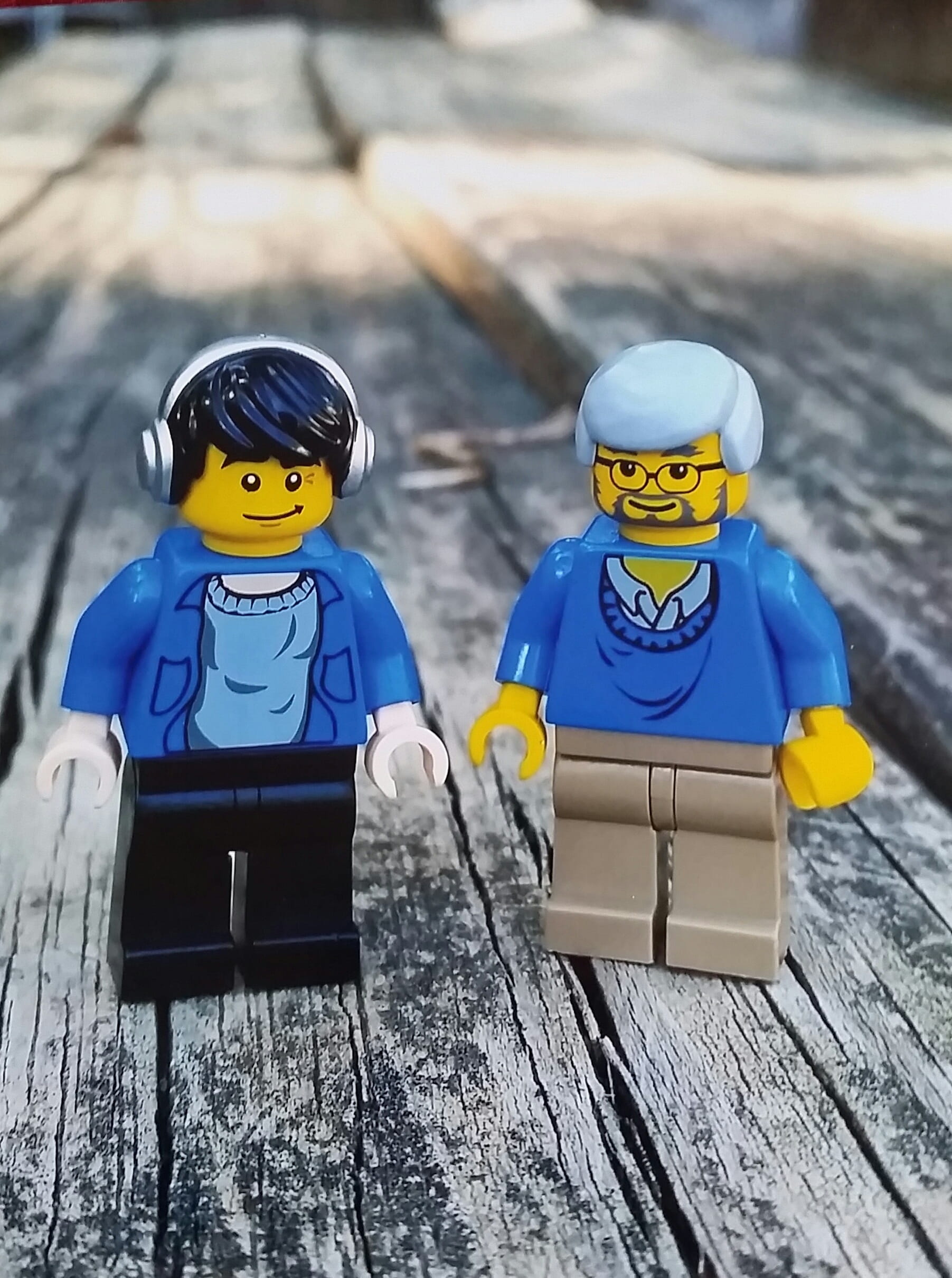 childhood, toy, son, 1080P, representation, father, boys, human representation, Generation, two, males, wood - material, front view, outdoors, bench, minifigures, Phone HD Wallpaper