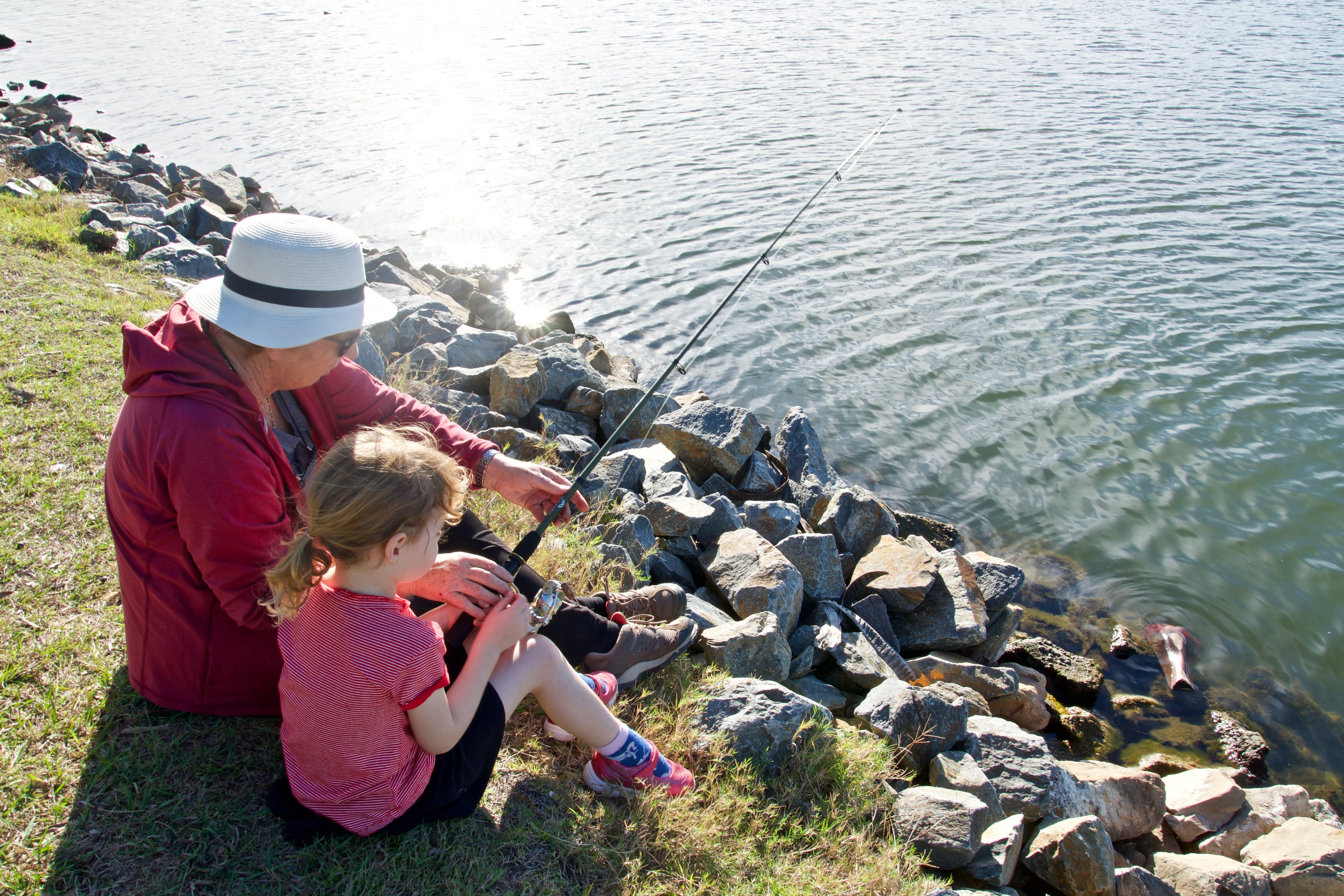 learning, lifestyles, high angle view, mentor, full length, fishing, bonding, woman, outdoors, leisure activity, daughter, sister, adult, two people, water, HD Wallpaper