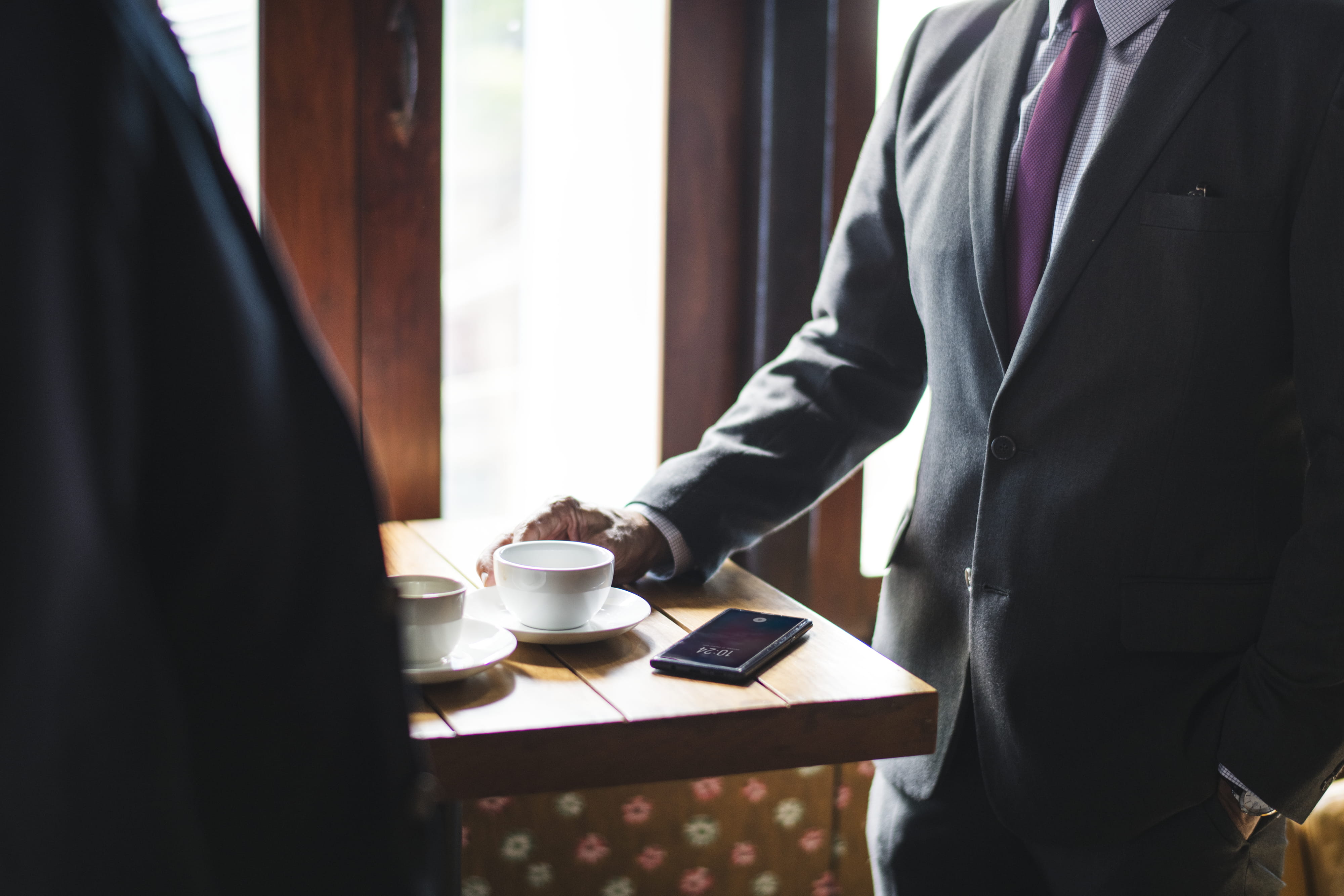 standing, coffee shop, modern, formal, table, communication, two people, well-dressed, wall, break, people, beside, two, room, suit, employee, coffee - drink, HD Wallpaper