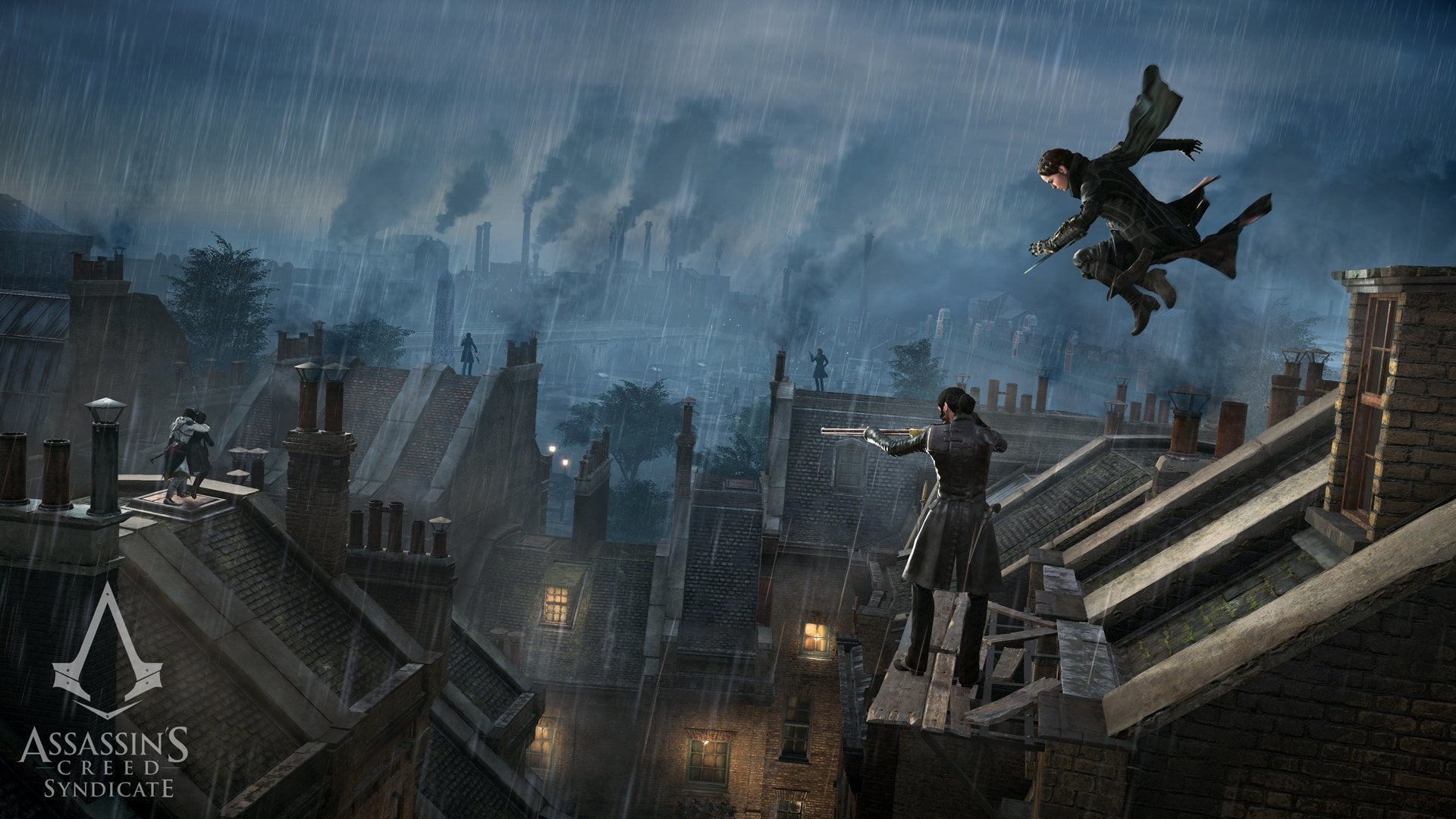 Evie Frye, building exterior, sky, spooky, men, architecture, adult, flying, nature, dusk, Assassins Creed: Syndicate, mid-air, bird, Assassins Creed, built structure, HD Wallpaper
