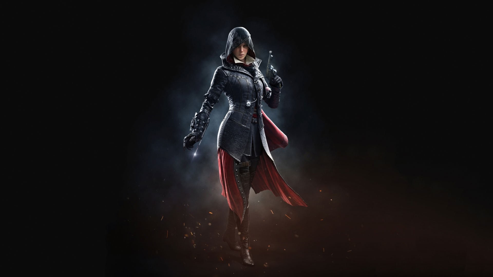 sportsman, assassins creed, black background, athlete, full length, motion, adult, one person, activity, indoors, women, 1080P, front view, determination, HD Wallpaper