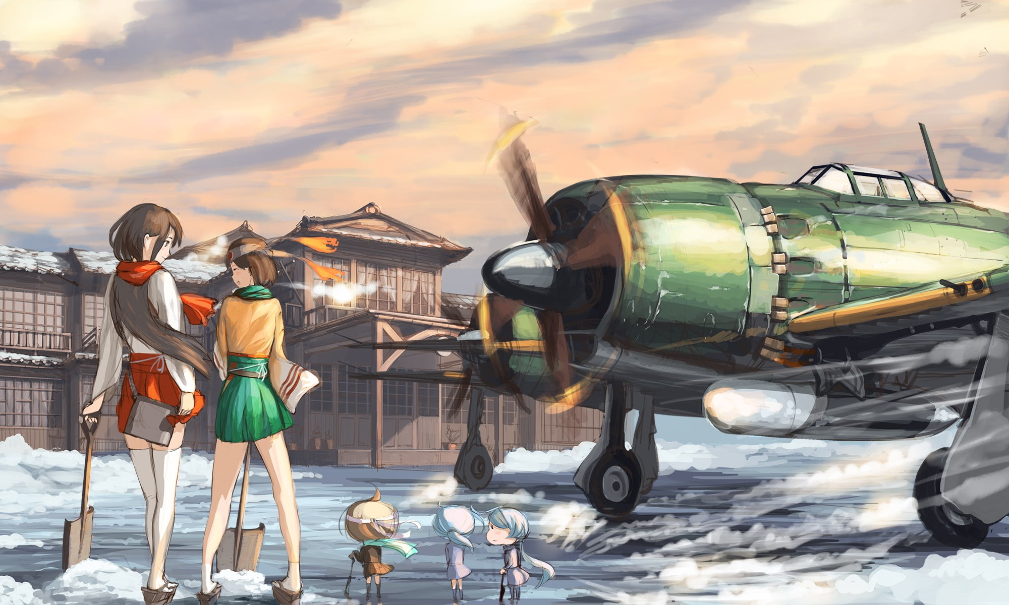 aircraft, couple, Akagi (KanColle), anime girls, military aircraft, Fairy (KanColle), vehicle, anime, Kantai Collection, airplane, 1080P, shovels, HD Wallpaper