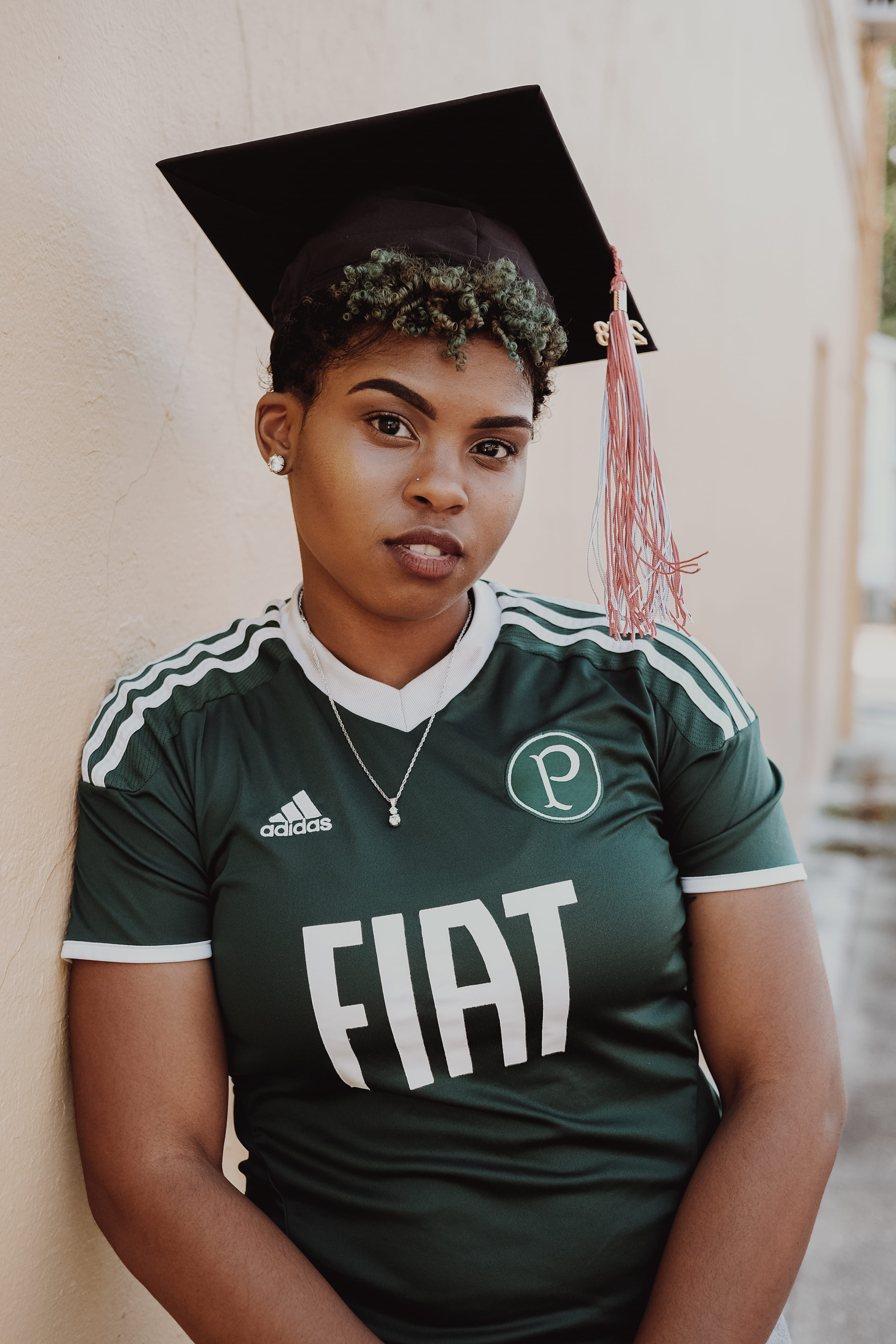 portrait, indoors, beautiful, wearing, waist up, 4K, leisure activity, white, graduation, woman, text, front view, graduate, adidas, green, person, real people, Phone HD Wallpaper