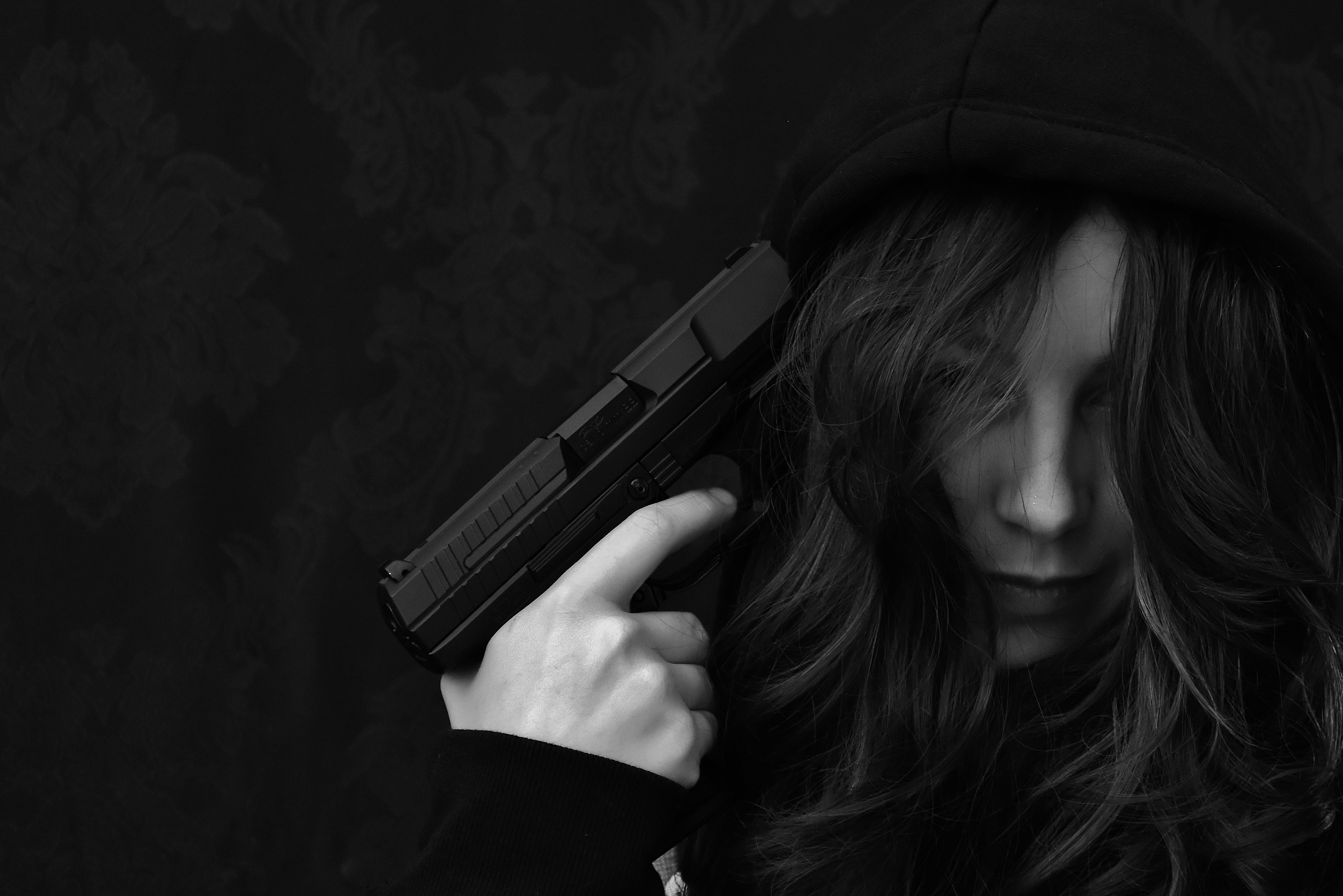 shooting a weapon, portrait, handgun, encourage, suicide, hairstyle, woman, black background, not, one person, weapon, empty view, warning sign, social issues, HD Wallpaper