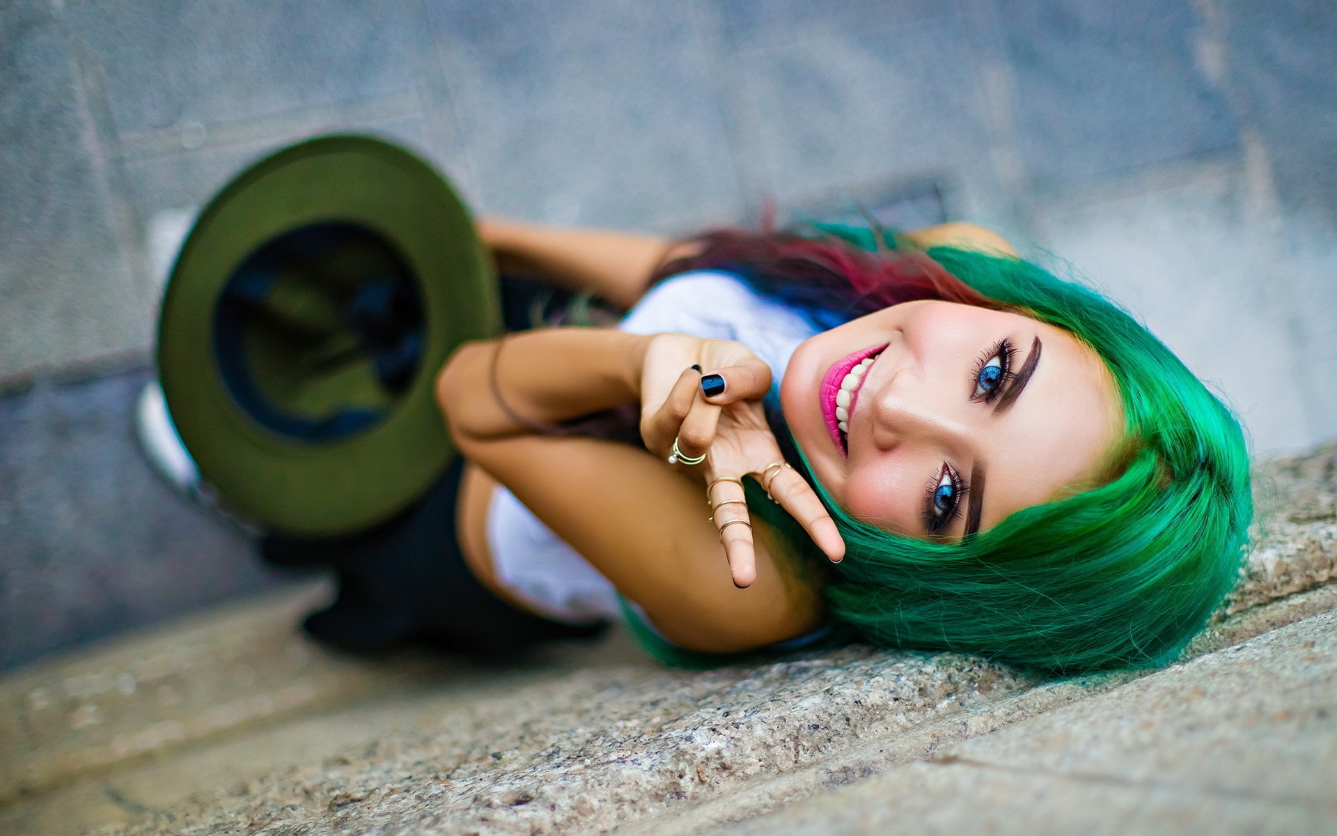 Hair, Green, woman, Girl, 1080P, Smile, Eyes, poster, Blue, HD Wallpaper