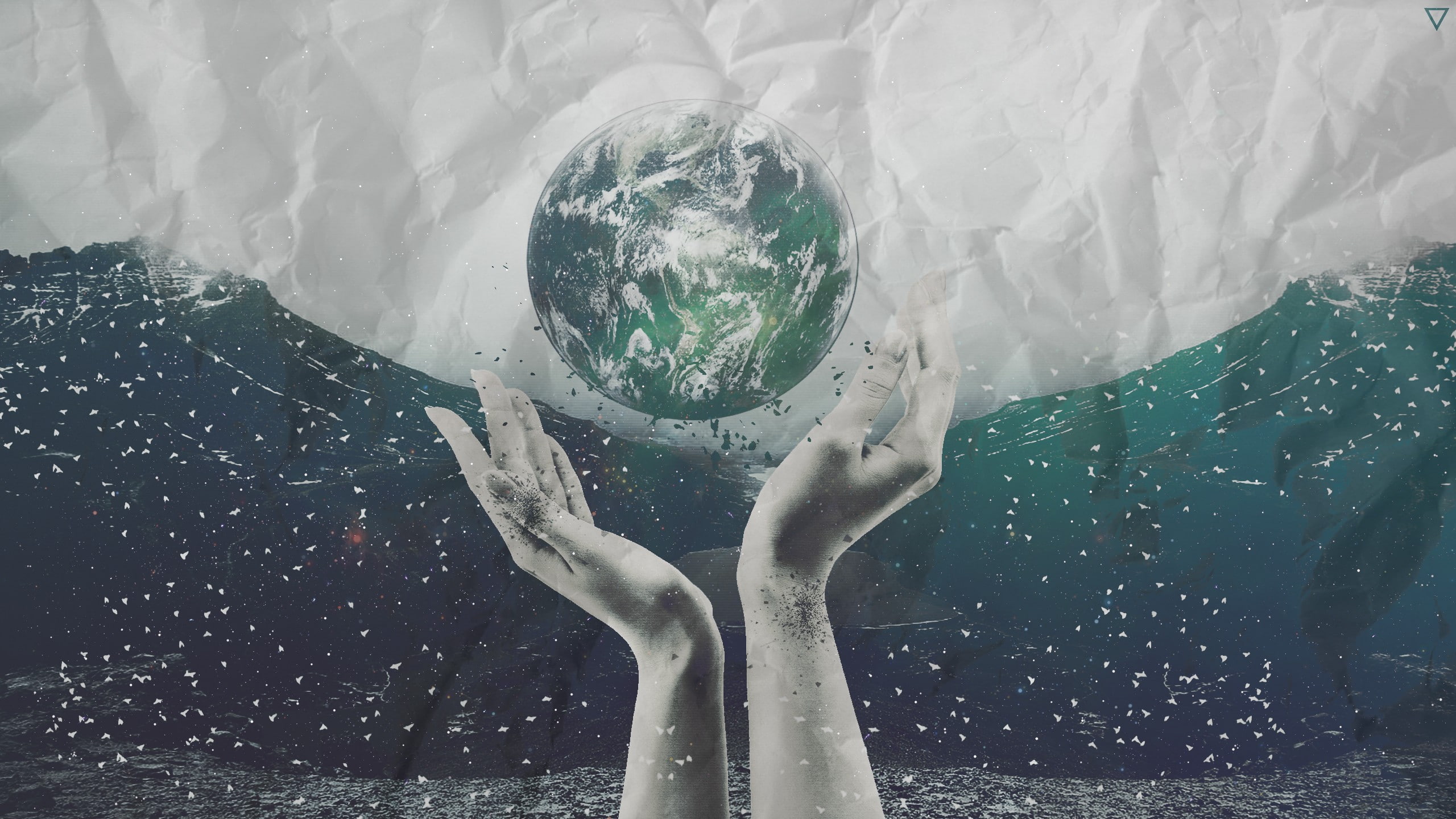 body part, nature, collage, human hand, 2K, water, paper, green color, Earth, sphere, planet earth, one person, human body part, sea, hand, environment, HD Wallpaper
