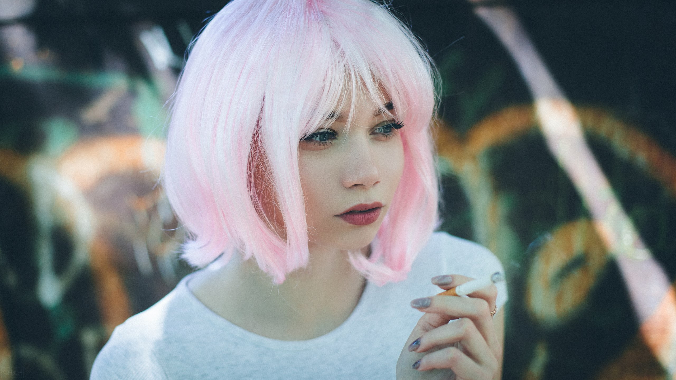 women, close-up, headshot, drinking, hairstyle, pink color, focus on foreground, smoking, portrait, food, looking away, day, lifestyles, pink hair, cigarettes, HD Wallpaper