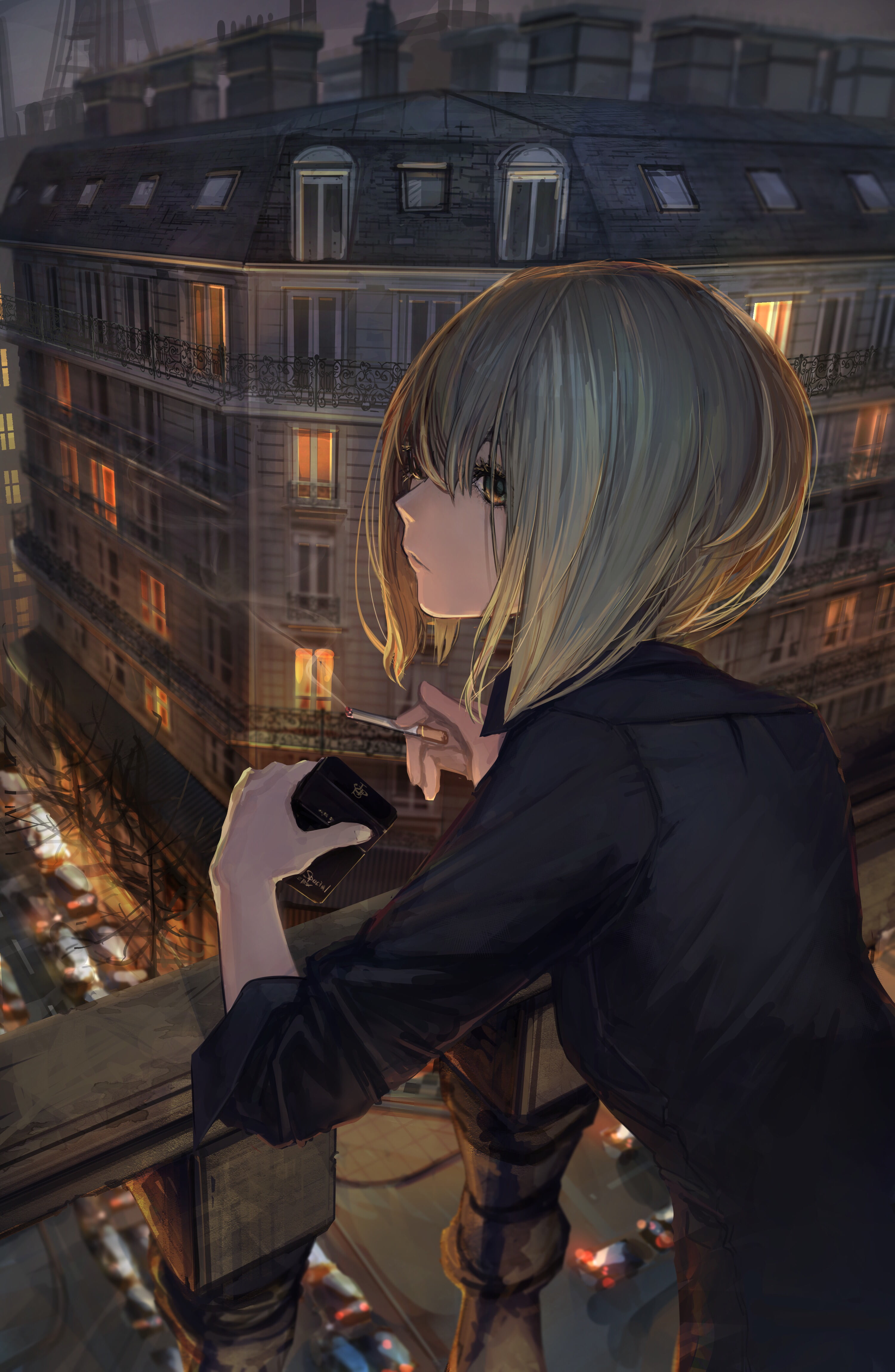 artwork, illustration, blonde, profile, black shirt, building, Pixiv, 2D, straight hair, 4K, drawing, vertical, shirt, tomboys, digital art, bangs, original characters, Phone HD Wallpaper