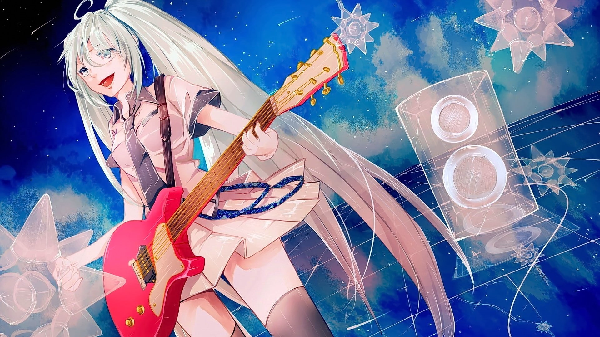 open mouth, anime girls, Hatsune Miku, long hair, guitar, looking at viewer, looking away, musical instrument, white hair, 1080P, Vocaloid, anime, HD Wallpaper