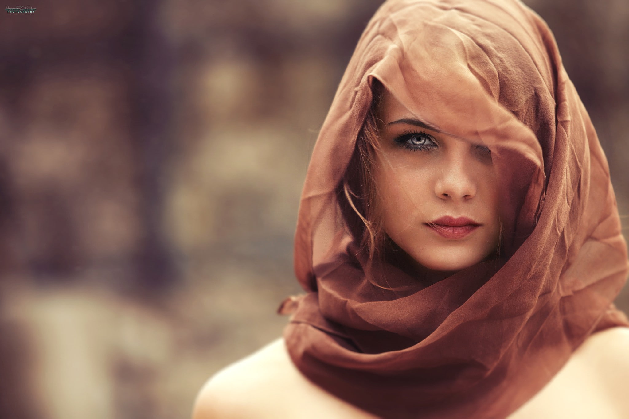 scarf, women, eyes, hair, blue, blue eyes, auburn hair, face, auburn, cicco, depth of field, field, alessandro, depth, di, 1080P, alessandro di cicco, HD Wallpaper
