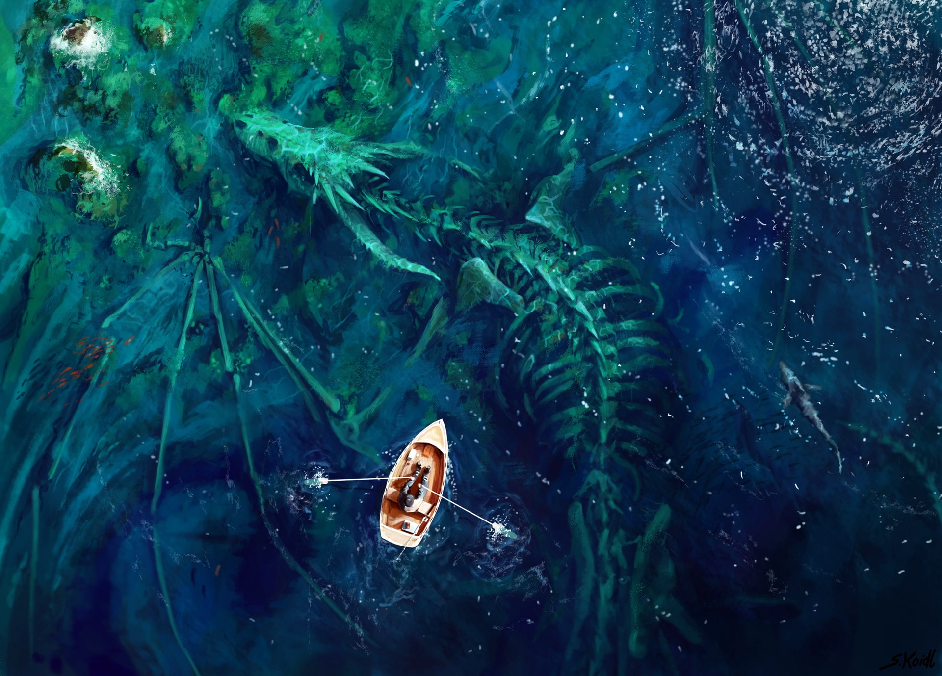 boat, artwork, fantasy art, Dragon, colorful, shark, man, shore, skeleton, 1080P, water, fantasy, digital art, sea, bones, HD Wallpaper