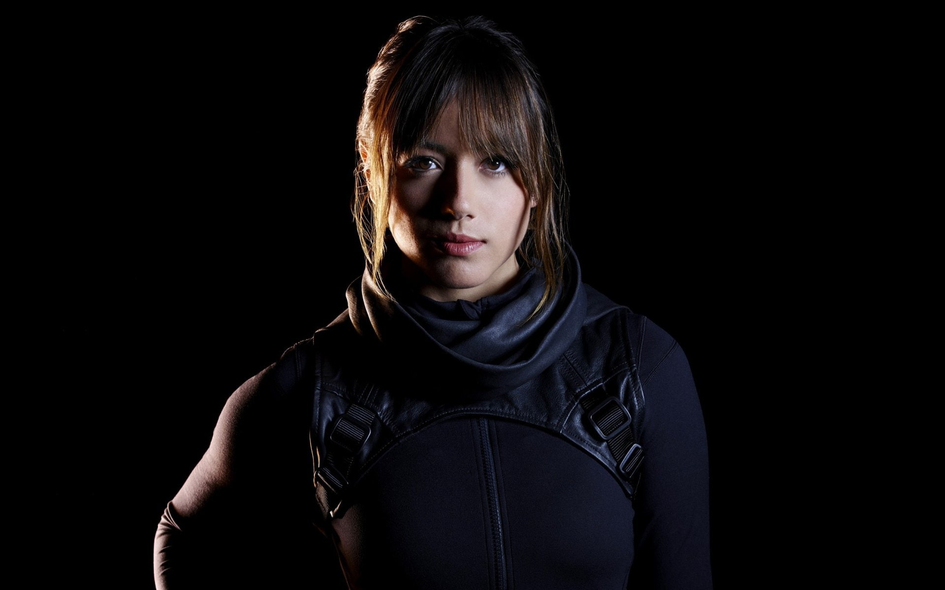 contemplation, headshot, studio shot, portrait, casual clothing, front view, Chloe Bennet, adult, beautiful woman, teenager, dark, hairstyle, black background, HD Wallpaper