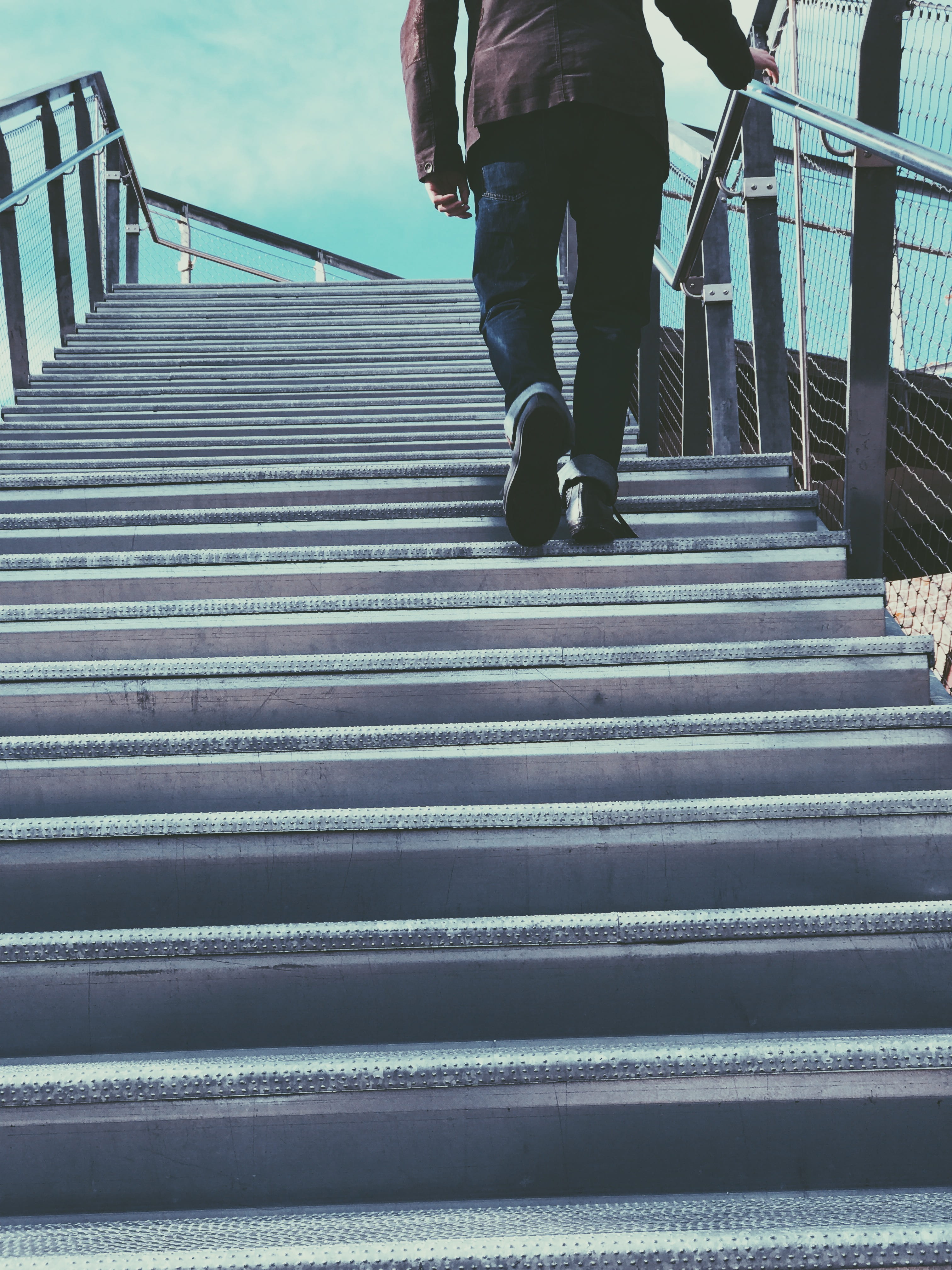 abstract, lifestyles, concrete structure, the way forward, railing, human foot, staircase, direction, urban, steel, day, leisure activity, architecture, Phone HD Wallpaper