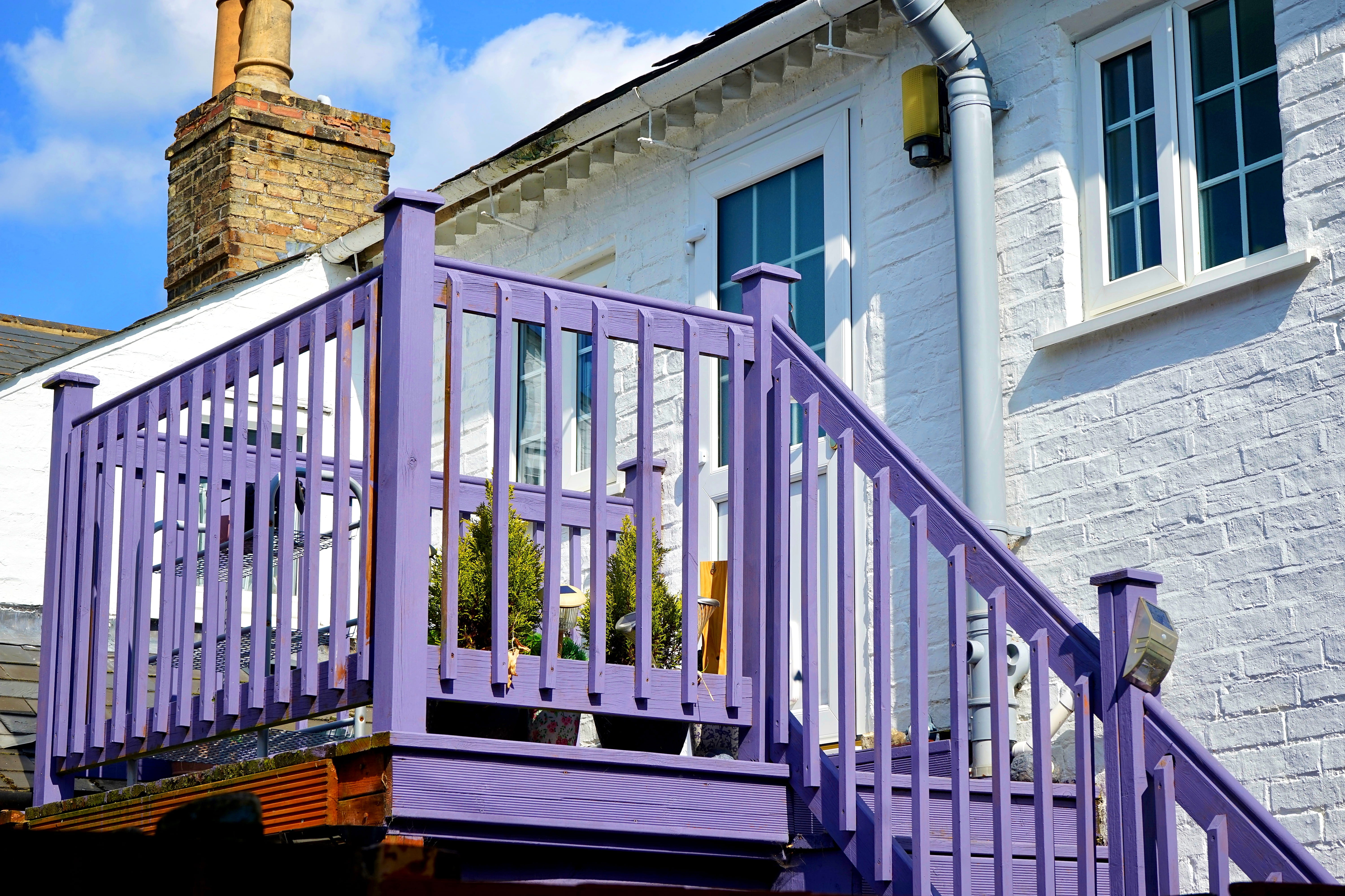 apartment, light, purple, bright, no people, cloud - sky, Staircase, structure, style, plant, architecture, property, door, exterior, metal, climbing, sky, HD Wallpaper