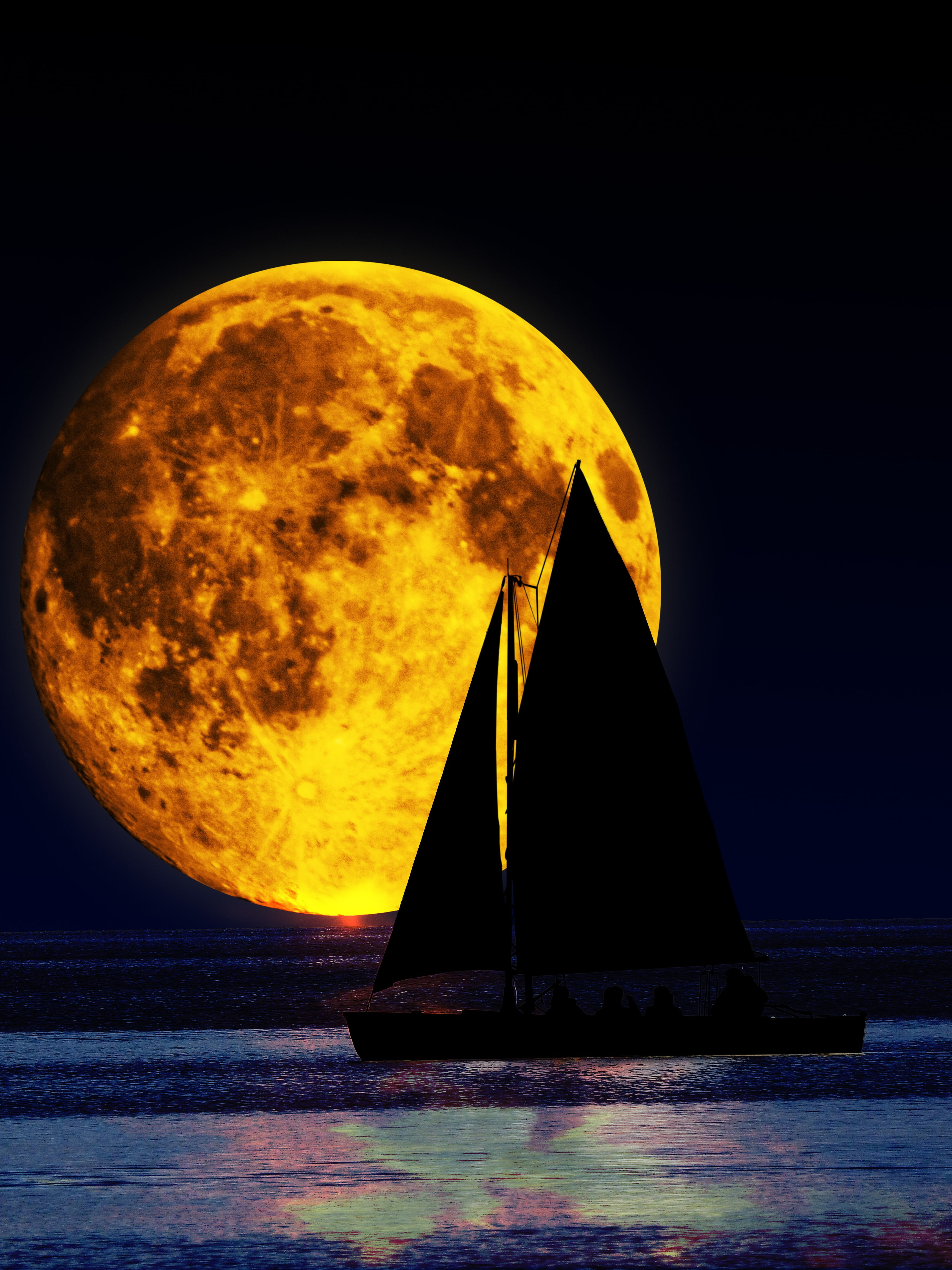 mirroring, lake, mystical, sailing vessel, nature, bill, beauty in nature, full, outdoors, silhouette, dark, waterfront, planetary moon, scenics - nature, Phone HD Wallpaper