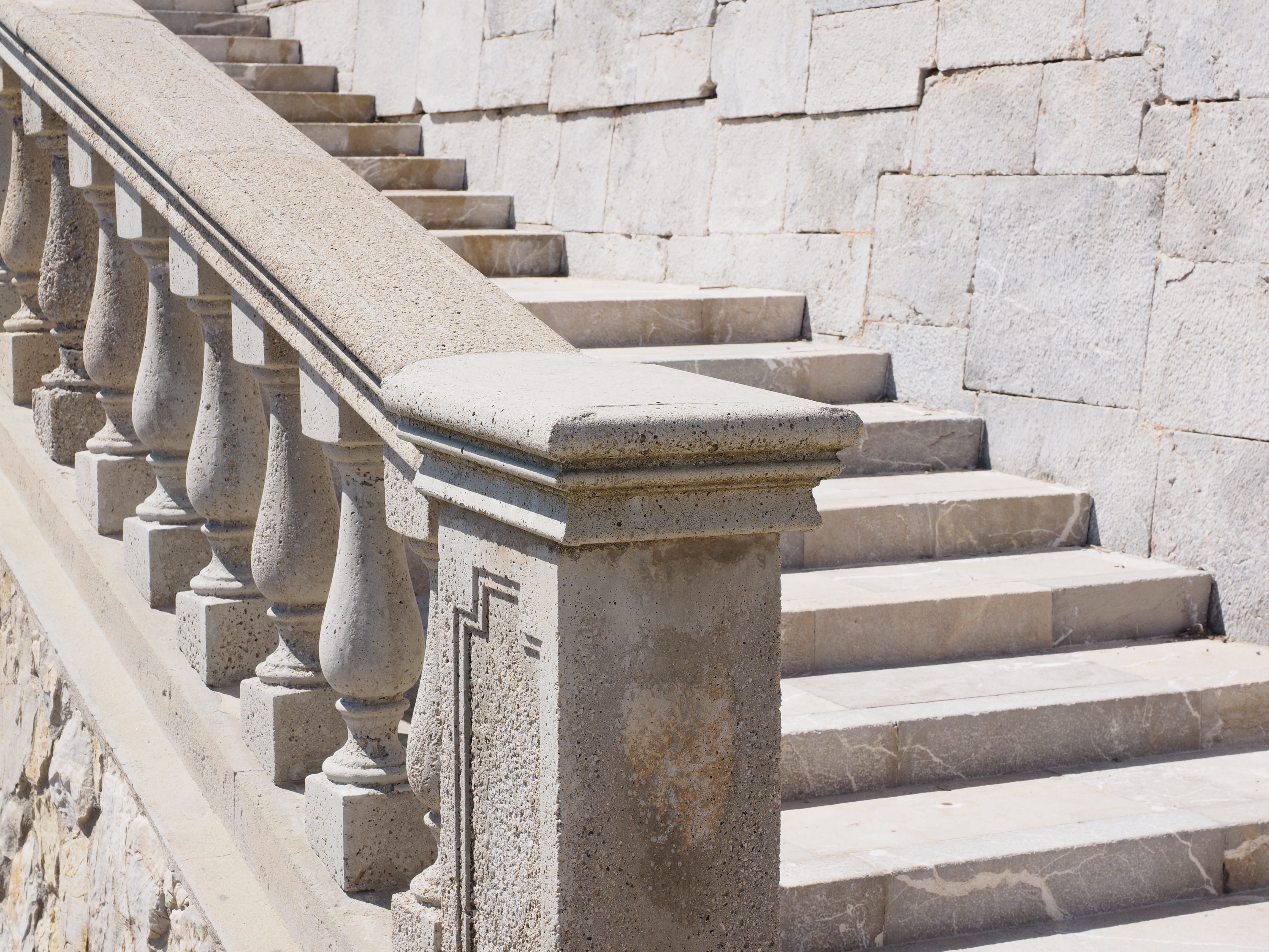 ancient civilization, cap formentor, the past, mallorca, building exterior, stone material, railing, architecture, stone, sunlight, emergence, stairs, pattern, HD Wallpaper