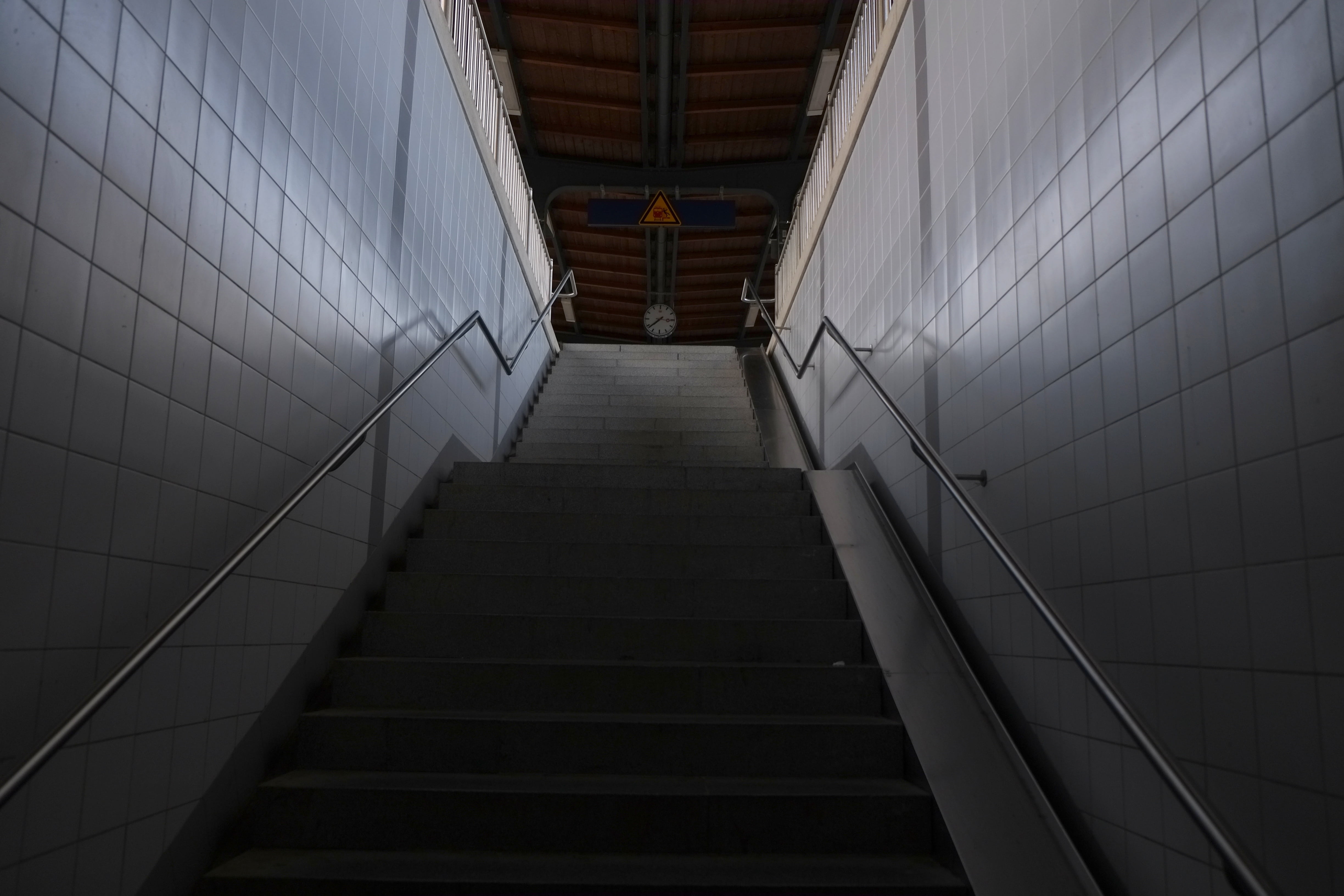 absence, built structure, railway station, direction, wall, rise, pattern, railing, stair step, stone, architecture, climb up, indoors, narrow, platform, HD Wallpaper