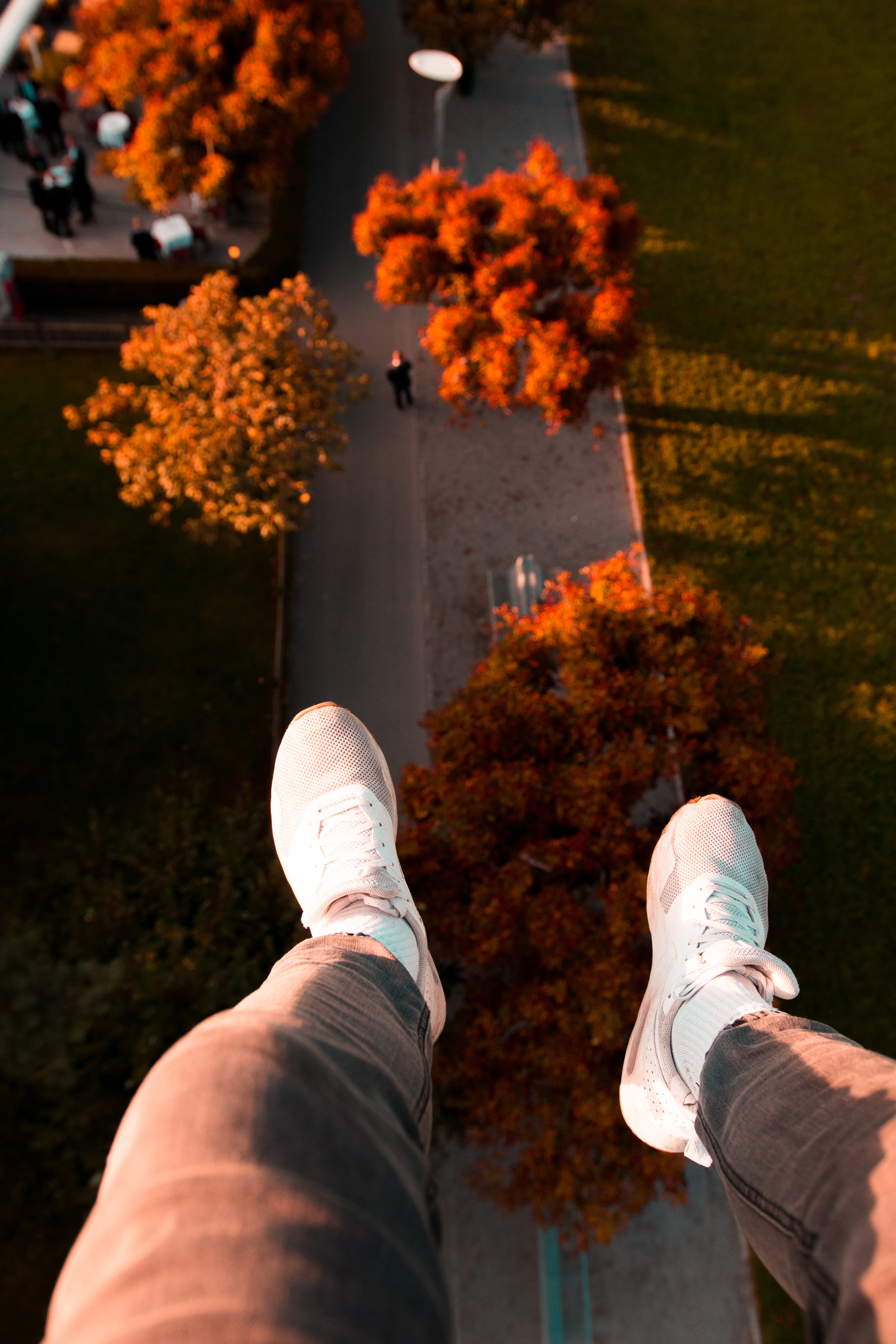pants, top, fly, low section, grass, running shoes, photo, sneakers, hanging, shoe, low, person, plant, gray, orange, feet, field, human leg, hand, one person, Phone HD Wallpaper