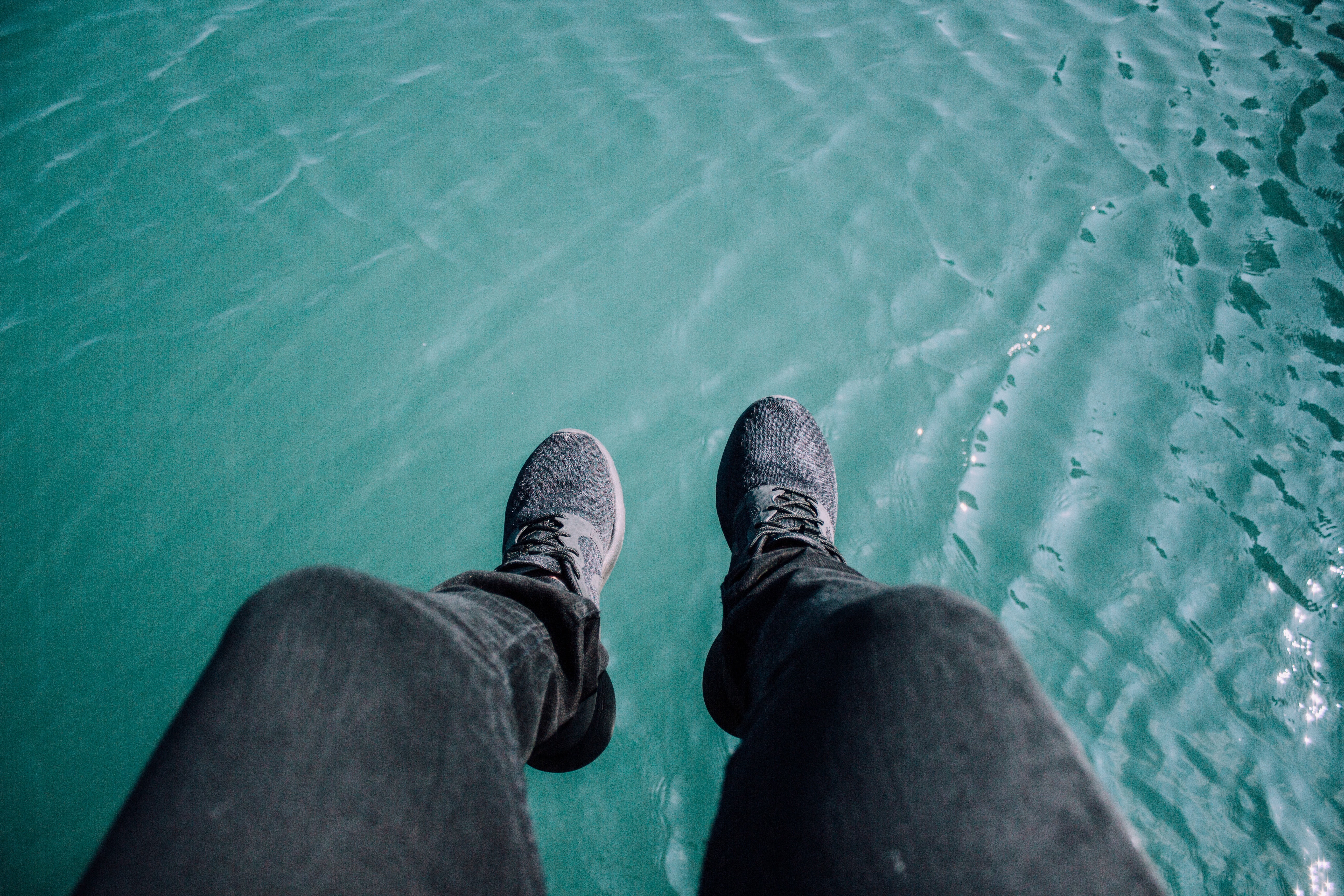 personal perspective, at the edge of, person, swimming, body part, sea, blue, human foot, one person, lifestyles, water, jeans, limb, human leg, running, HD Wallpaper