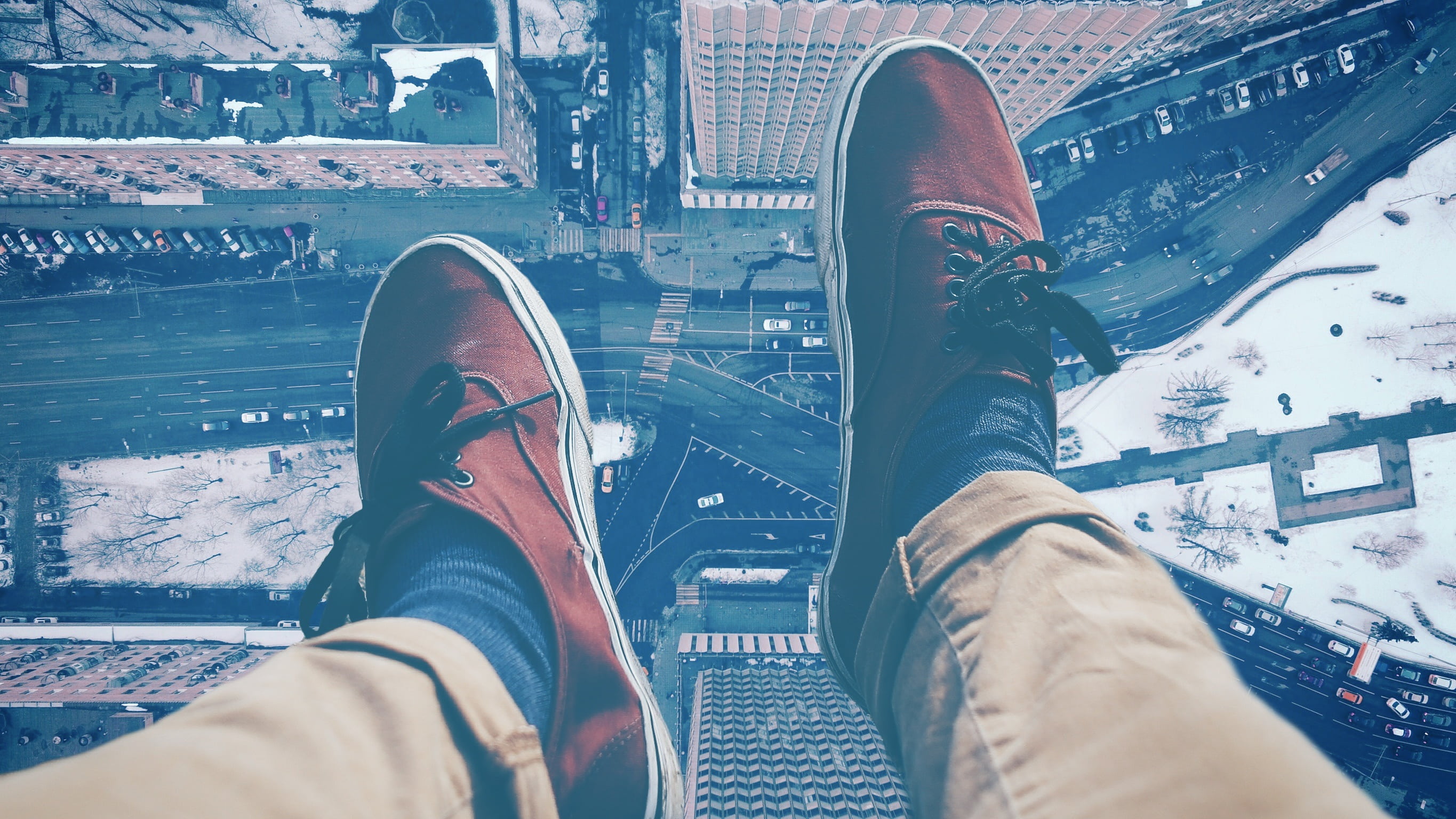 personal perspective, no fear of heights, aerial view, person, shoe, skyscraper, tops, high, adults only, brown, lifestyles, legs, close-up, adult, sit, HD Wallpaper