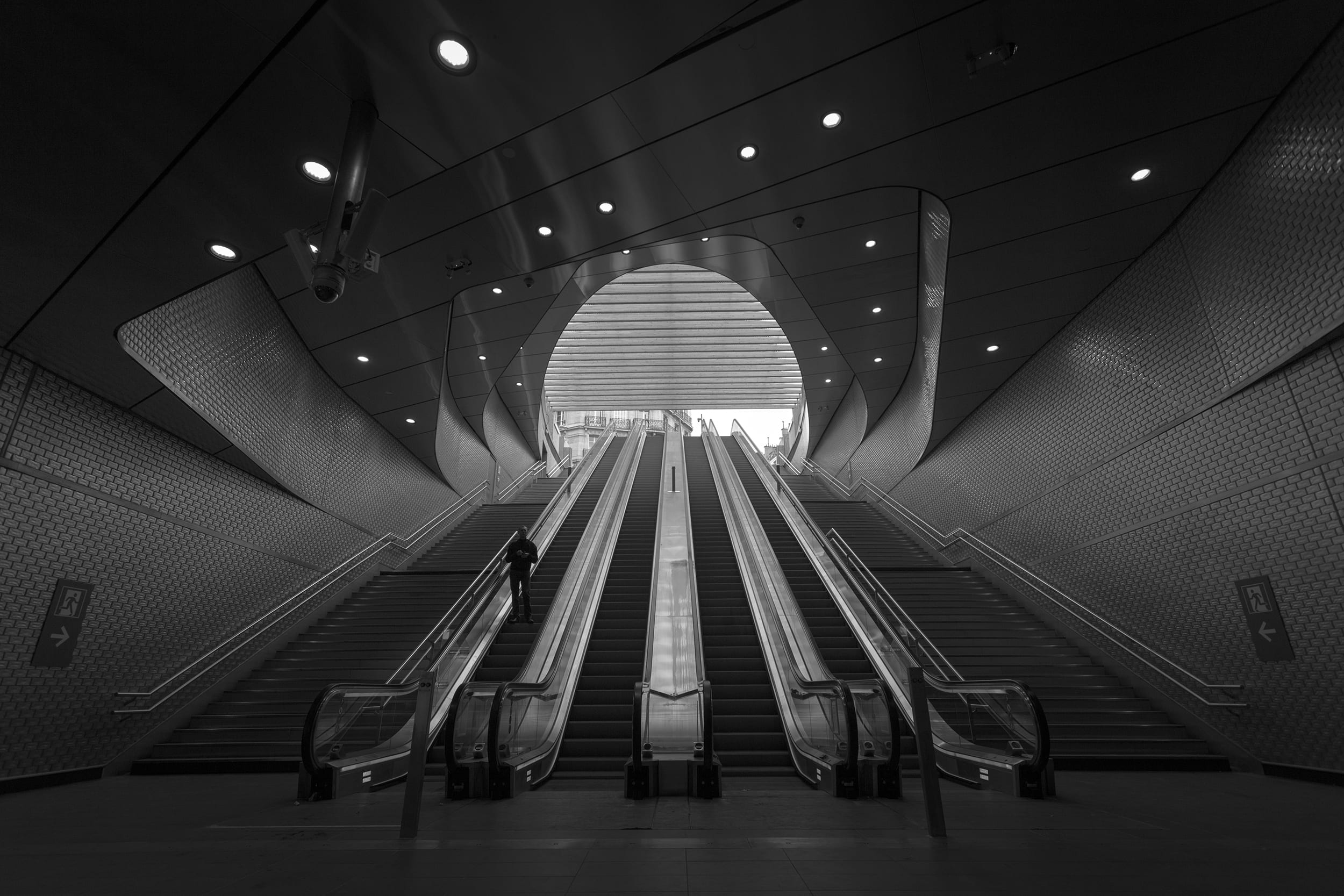 grayscale, person, down, indoors, city, built structure, technology, the way forward, railing, architecture, illuminated, ceiling, exit, underground, futuristic, HD Wallpaper