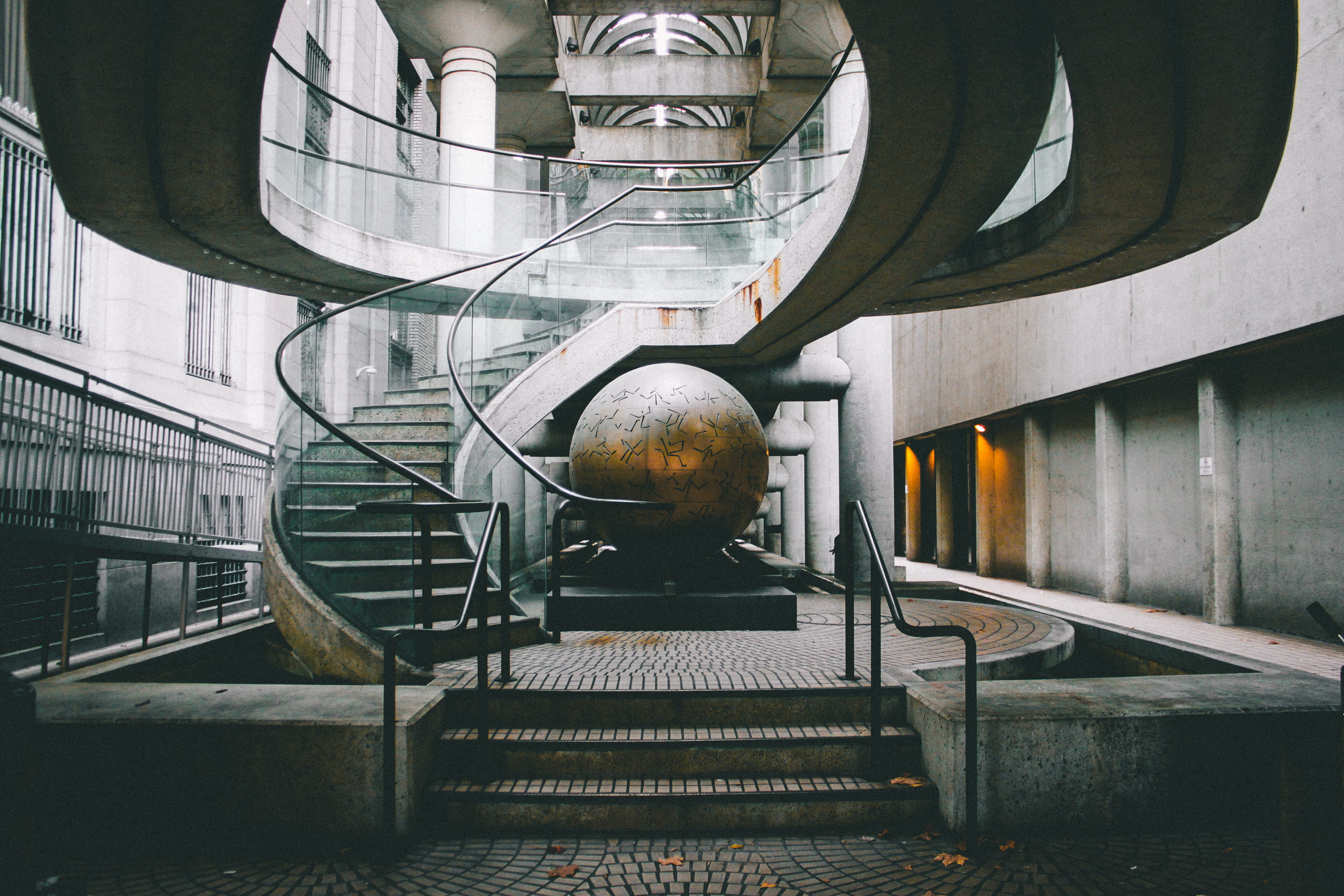 transparent, structure, staircase, light, railing, photo, architecture, grey, illuminated, 4K, round, ball, globe, city, outdoors, sculpture, factory, HD Wallpaper