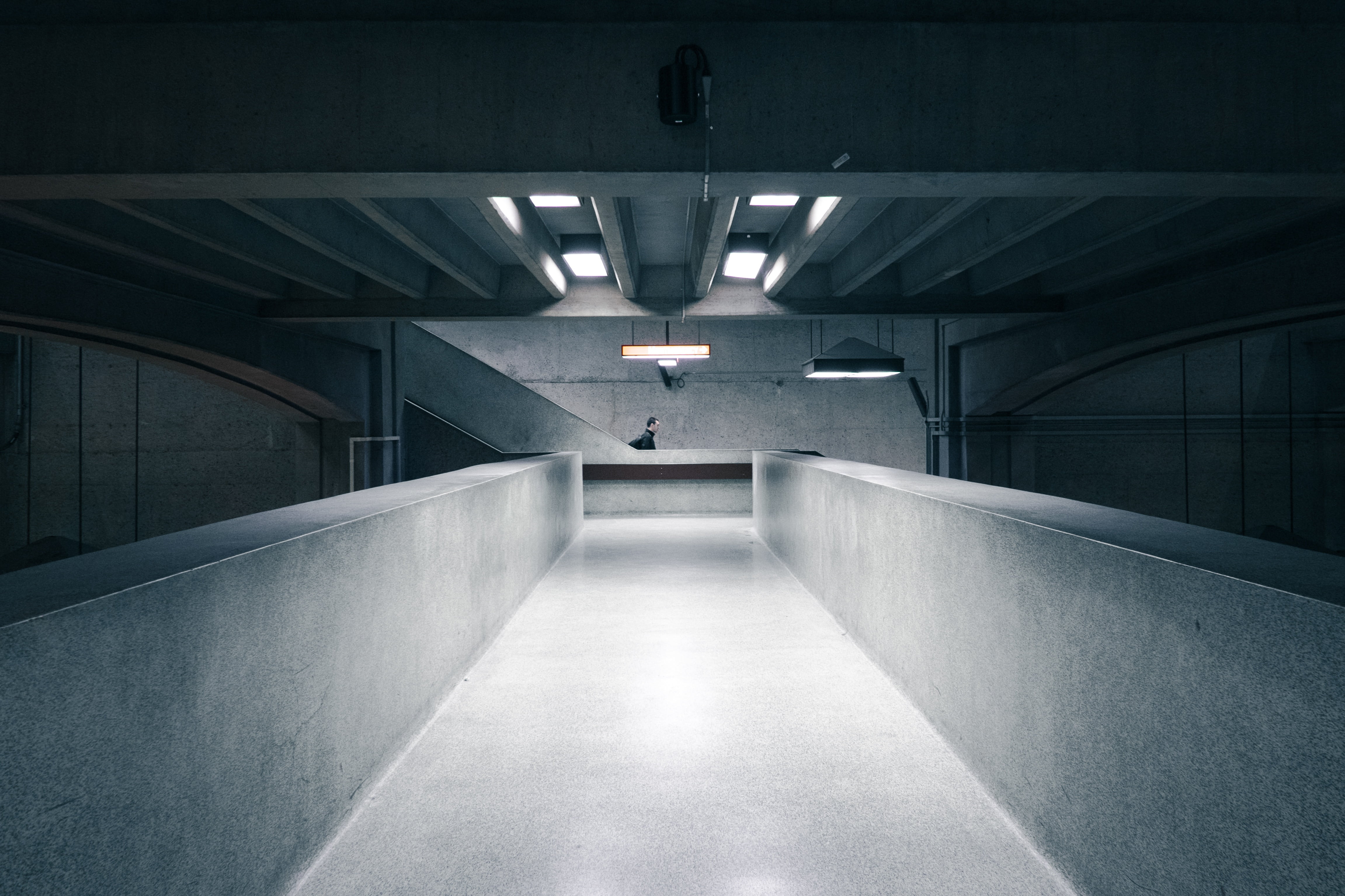 perspective, modern, parking lot, concrete, built structure, subway, parking garage, no people, one person, person, hall, wall, people, underground, building, HD Wallpaper