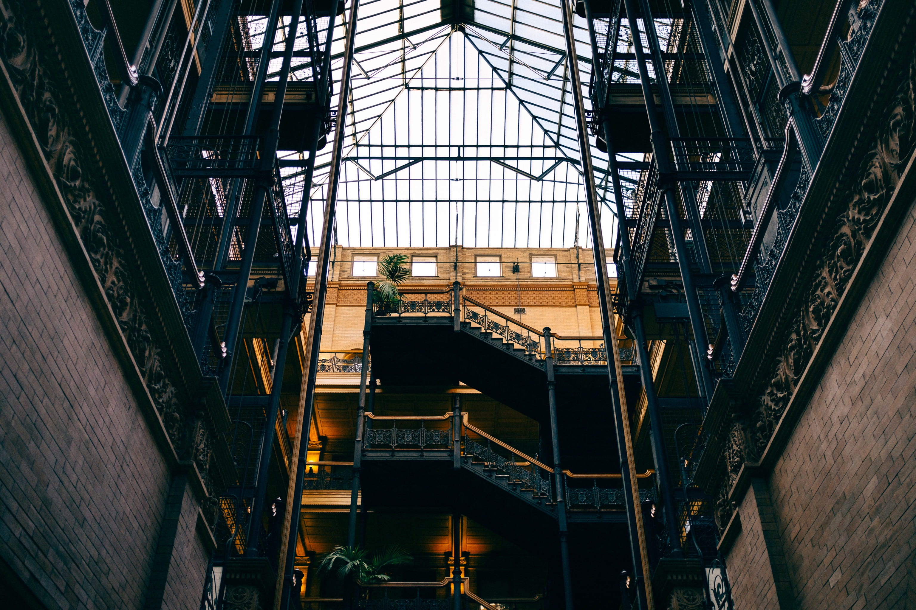 angle, outdoors, balcony, stairs, glass, interior, industry, fire escape, steps and staircases, landmark, staircase, 2K, urban, day, atrium, stair, bradbury, HD Wallpaper