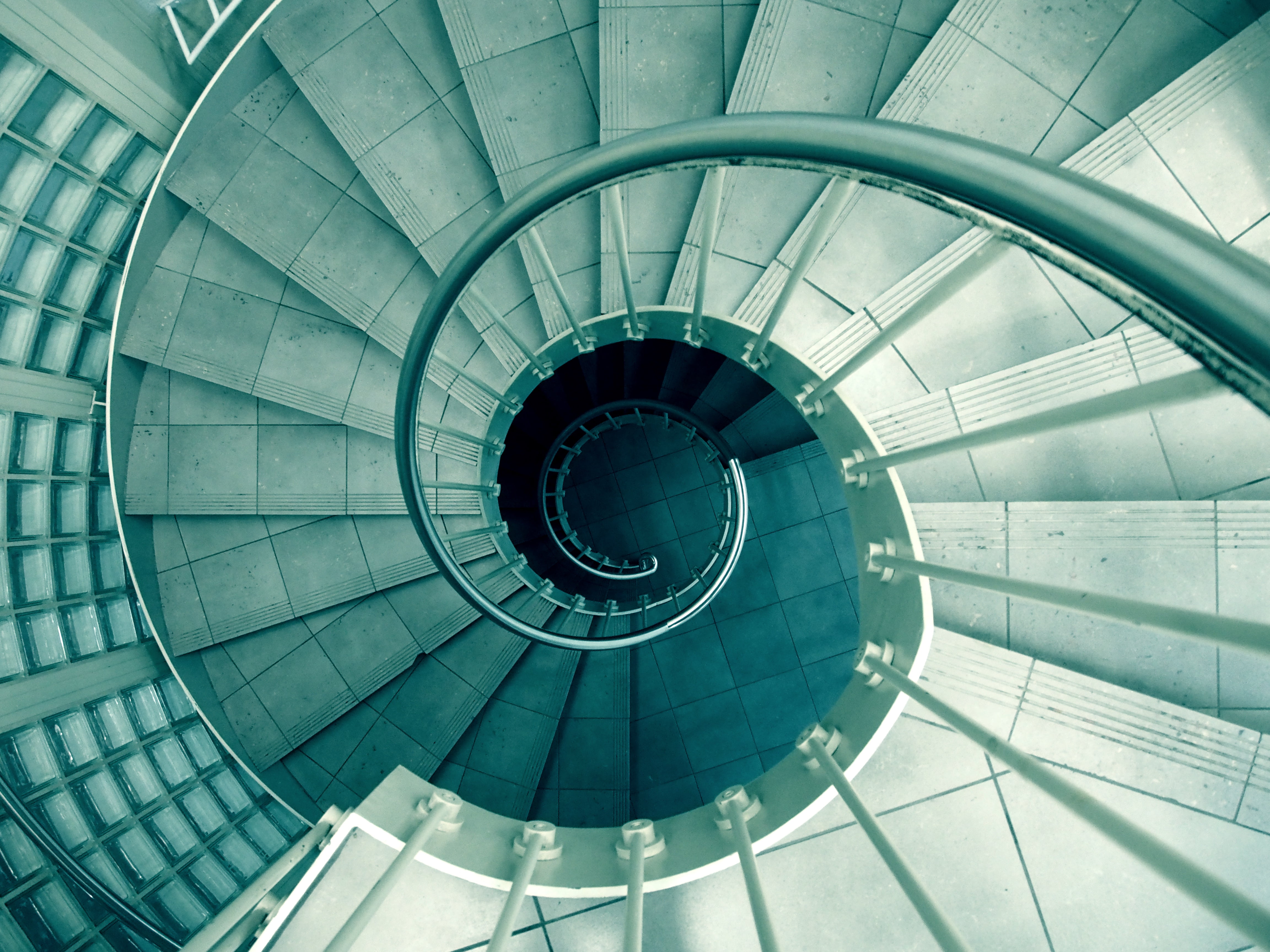 steps, pattern, directly above, photograph, spiral staircase, futuristic, full frame, steps and staircases, railing, concentric, diminishing perspective, HD Wallpaper