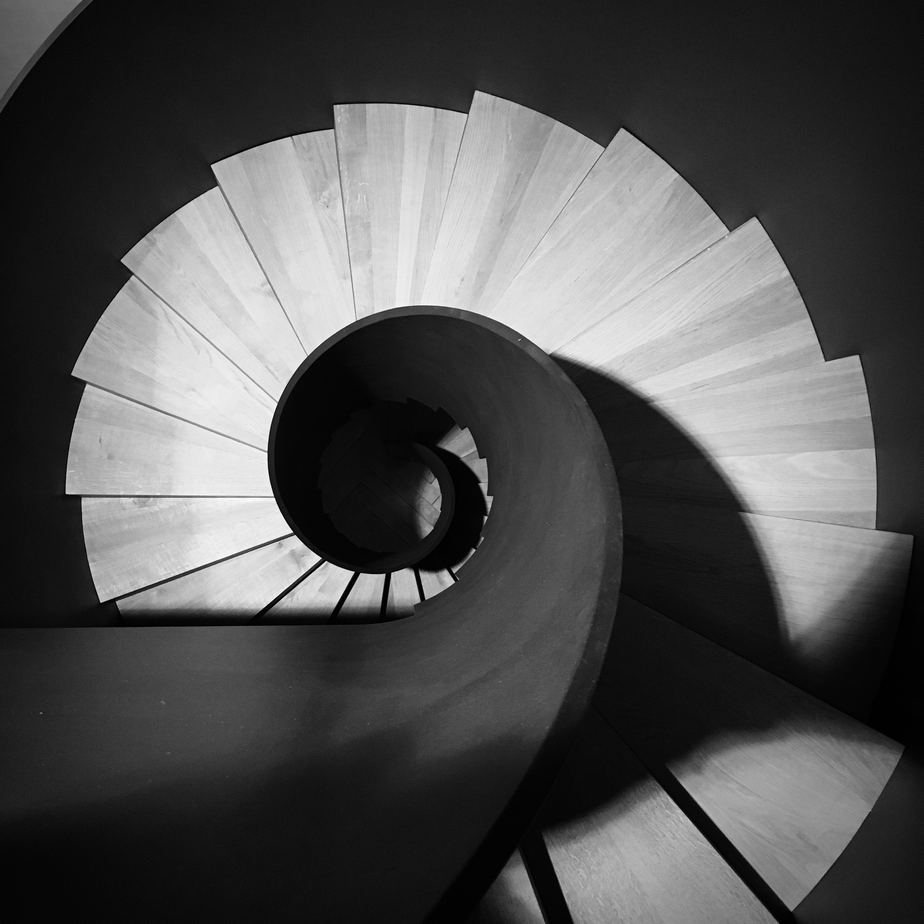 day, grayscale, diminishing perspective, interior design, building, railing, spiral, photo, directly above, architecture, modern, design, indoors, wood - material, Phone HD Wallpaper