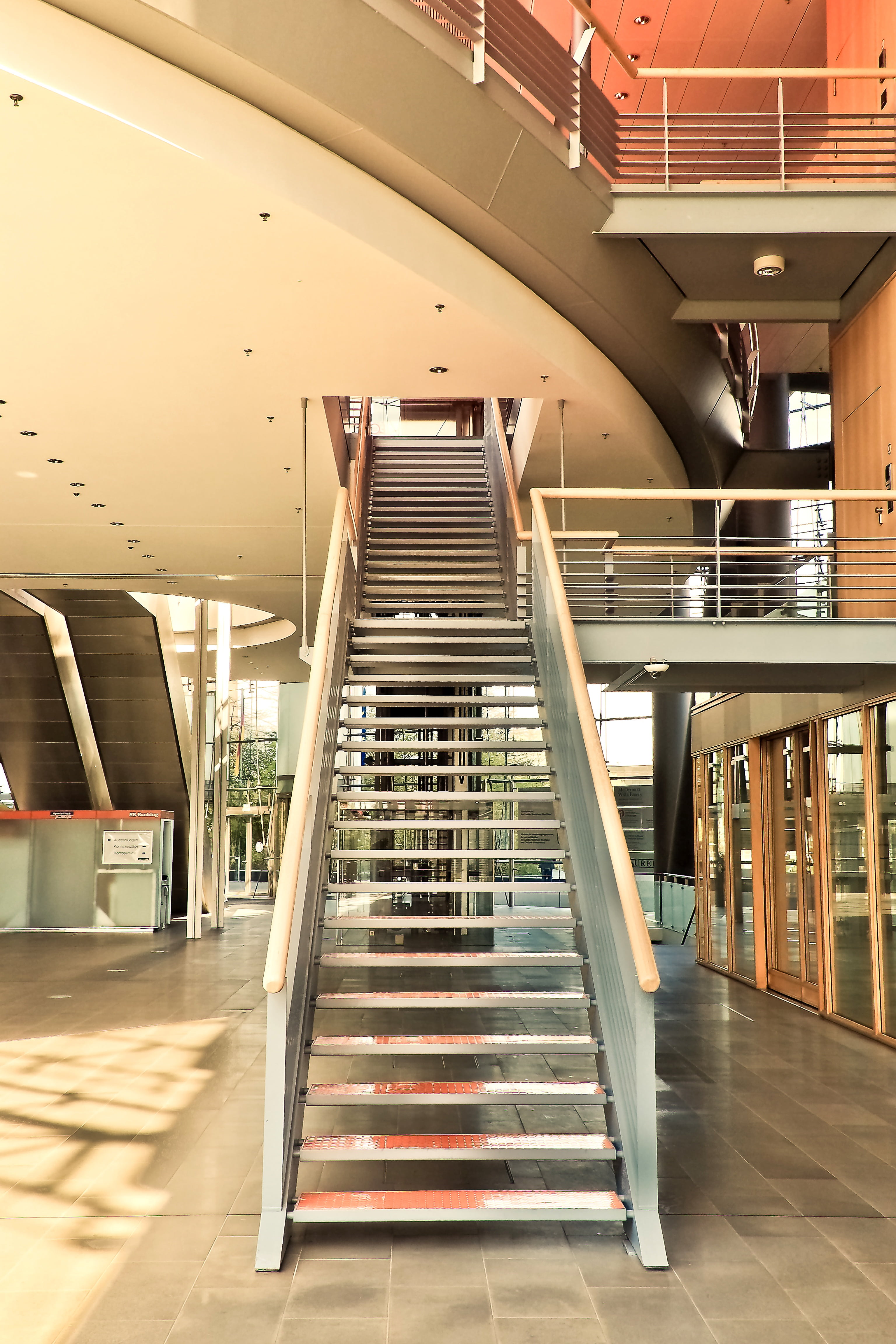 railing, space, office building, urban, abstract, inside, gray, staircase, ceiling, public transportation, modern architecture, built structure, steel, Phone HD Wallpaper