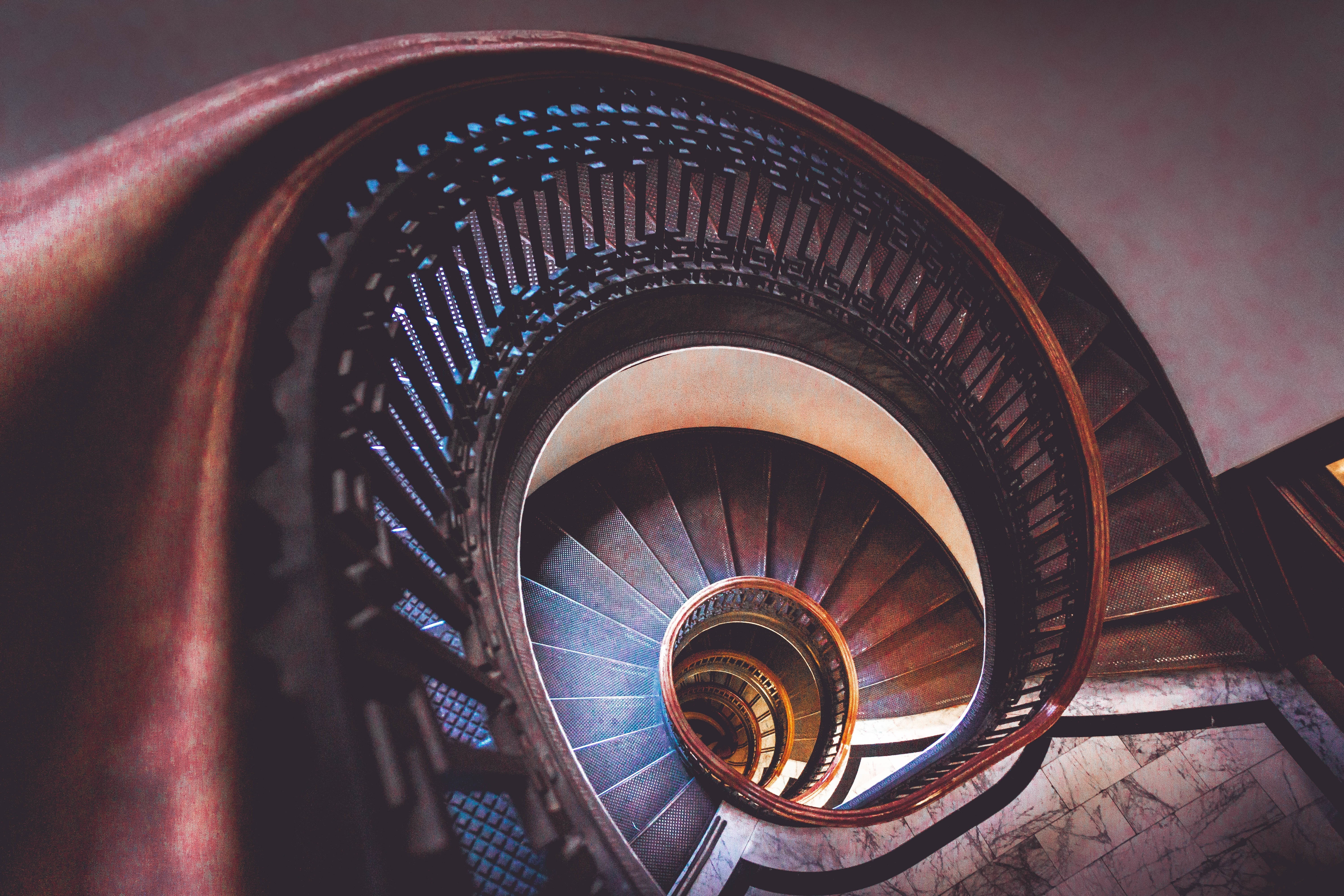 building, circle, curve, wheel, perspective, directly below, steps, night, spiral staircase, stairway, staircase, architecture, design, no people, blur, HD Wallpaper