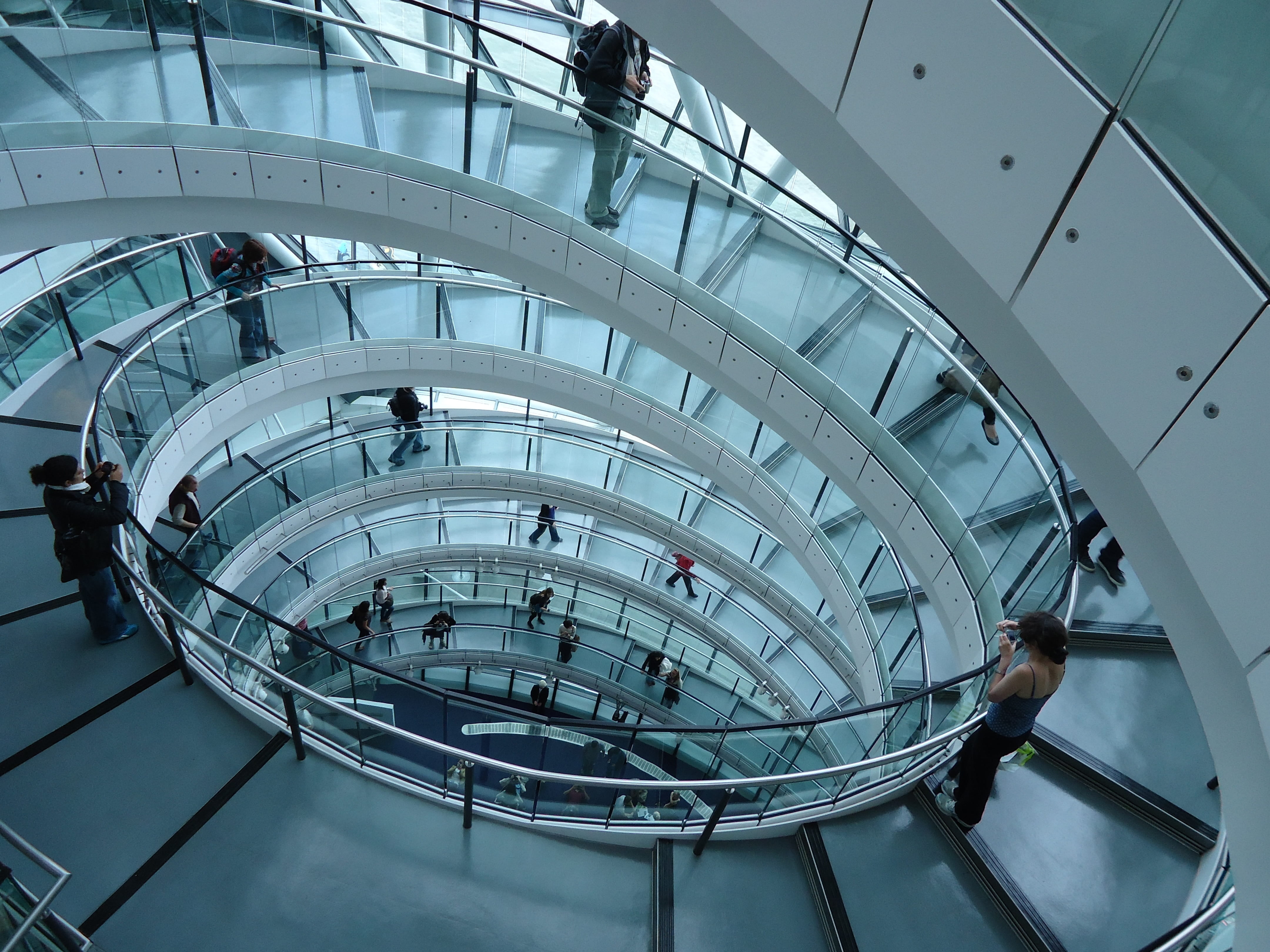 day, business, architecture, lifestyles, shape, spiral staircase, stairway, abstract, indoors, travel, building, spiral, railing, modern, built structure, HD Wallpaper
