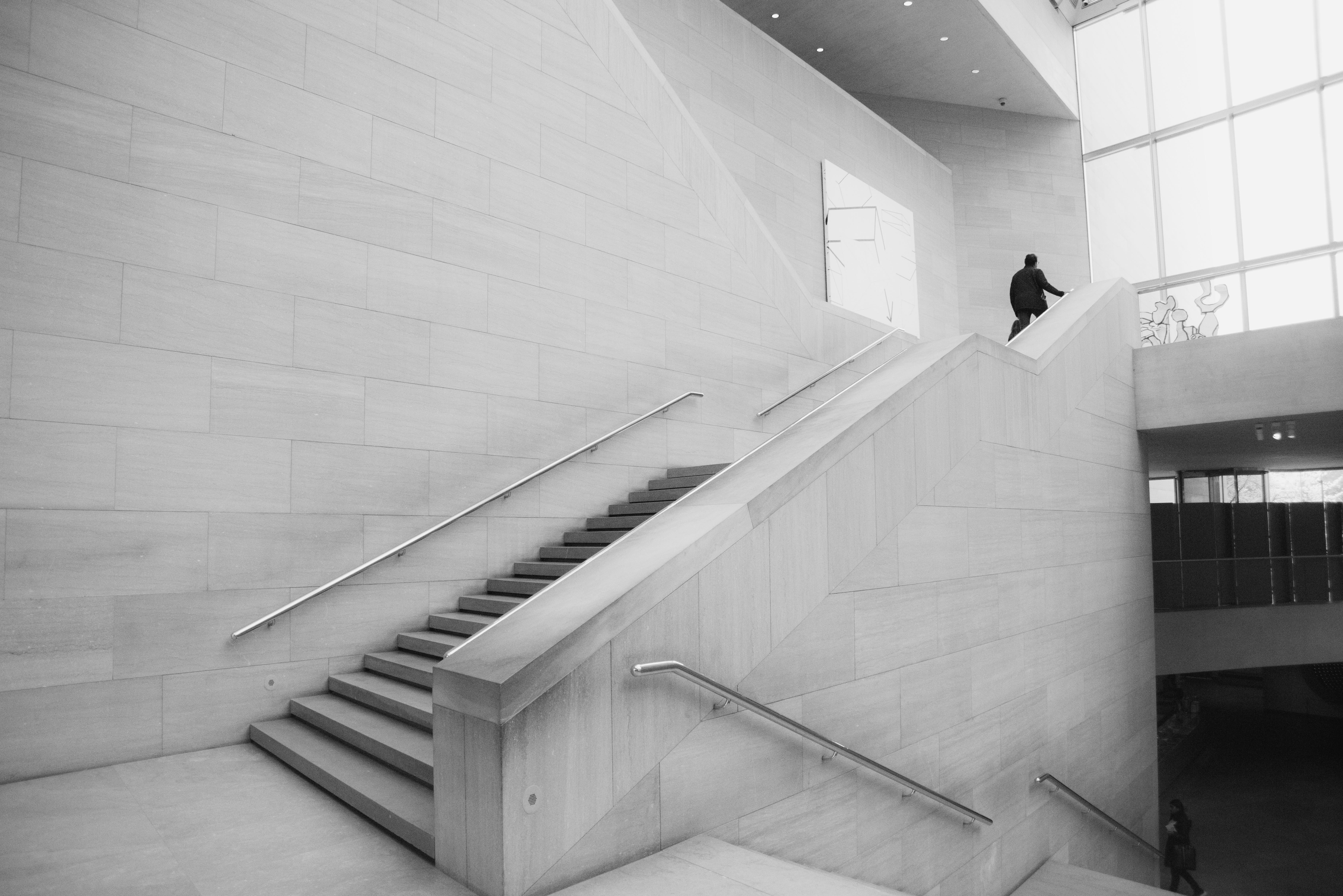black-and-white, grayscale, handrails, adult, staircase, railing, day, real people, stairs, architecture, architectural design, inside, glass windows, design, HD Wallpaper
