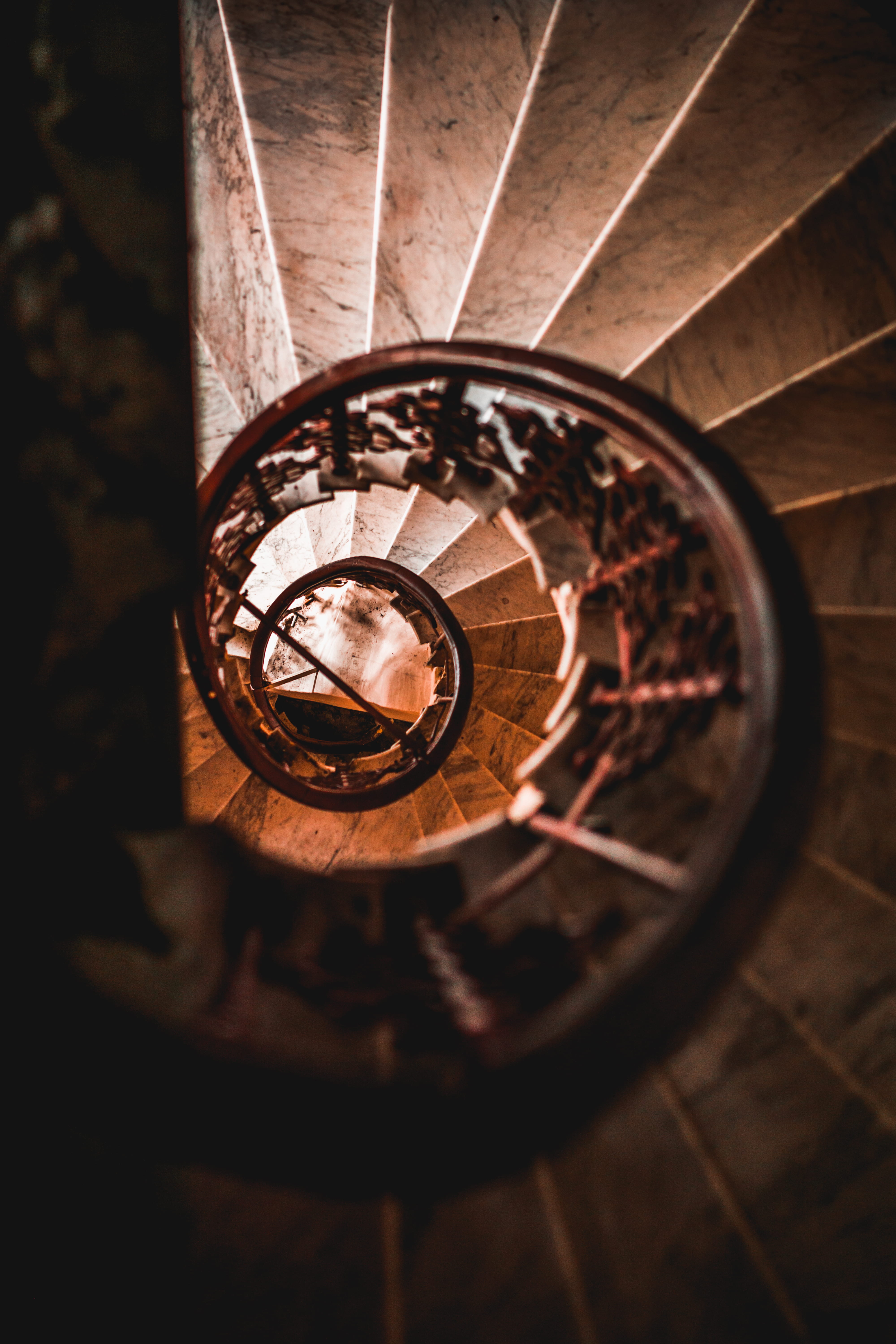 staircase, view, 5K, directly above, lighting equipment, no people, spiral, staricase, steps and staircases, illuminated, orange, low, angle, stair, rail, Phone HD Wallpaper